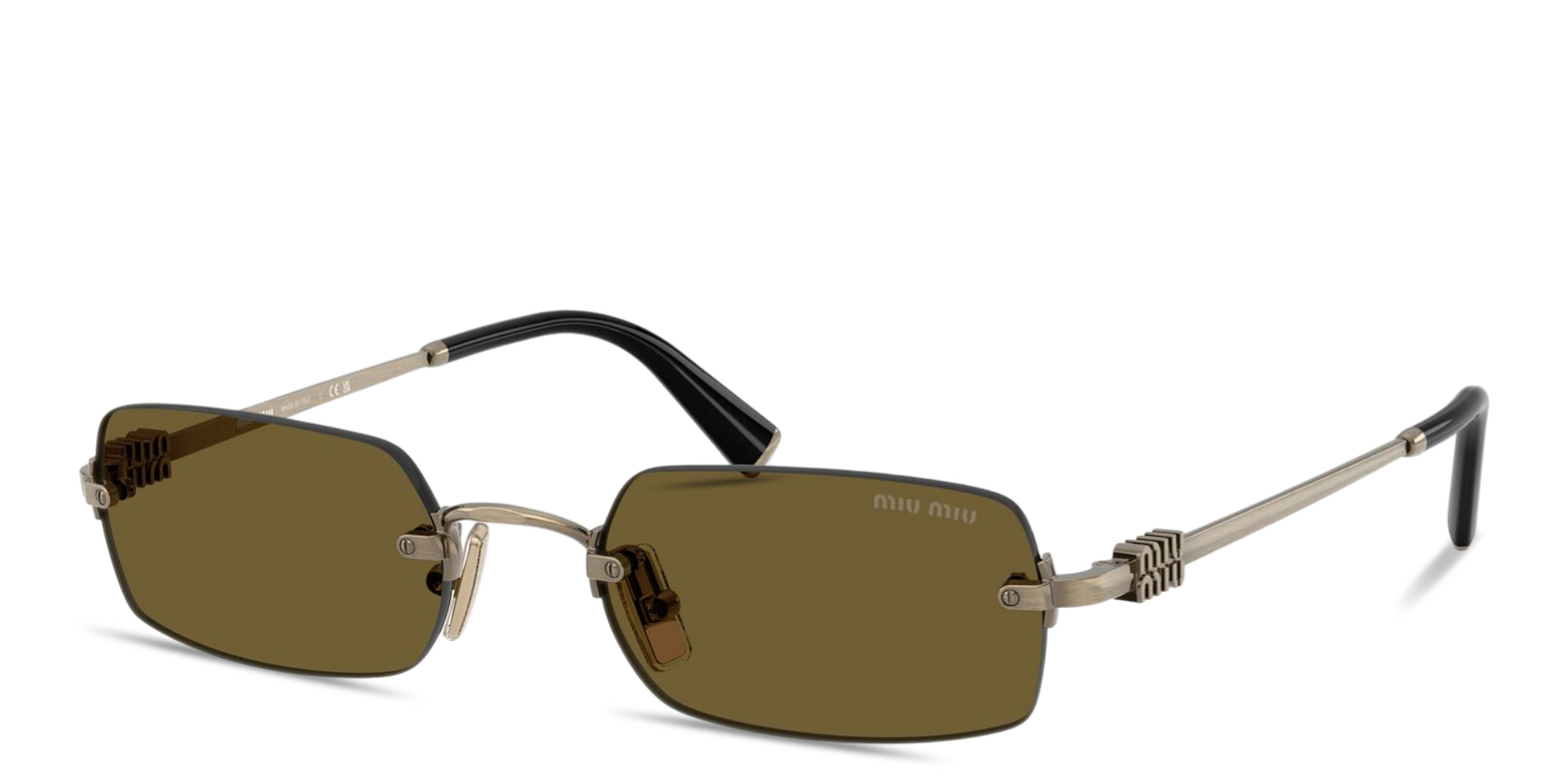 Shop MIU MIU Vertical Logo Rimless Rectangle Sunglasses in Gold online.