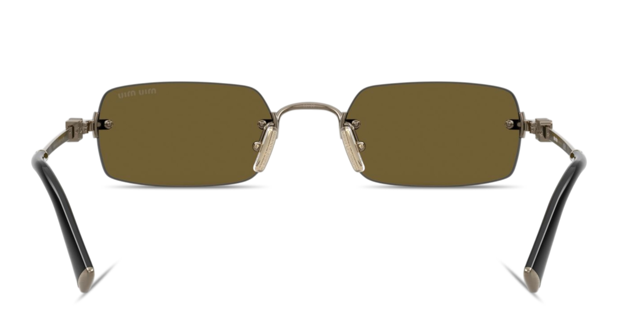 Shop MIU MIU Vertical Logo Rimless Rectangle Sunglasses in Gold online.
