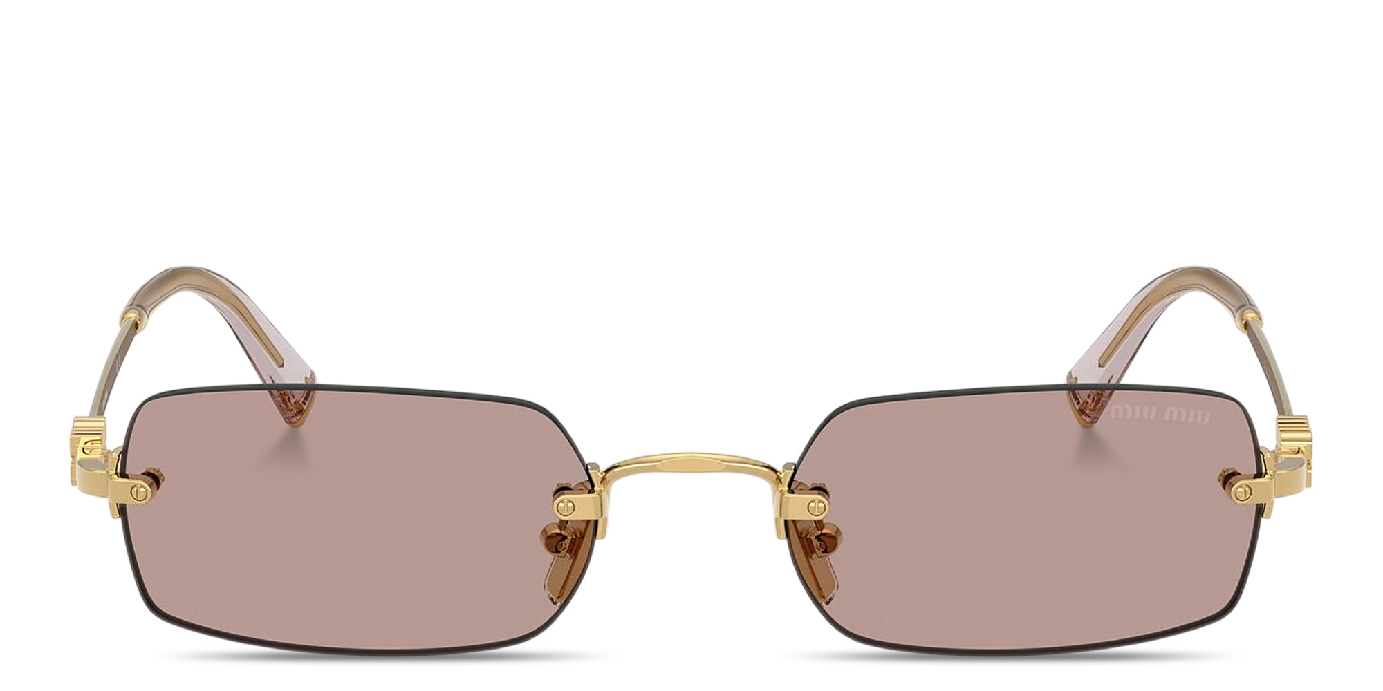 Shop MIU MIU Vertical Logo Rimless Rectangle Sunglasses in Gold online.