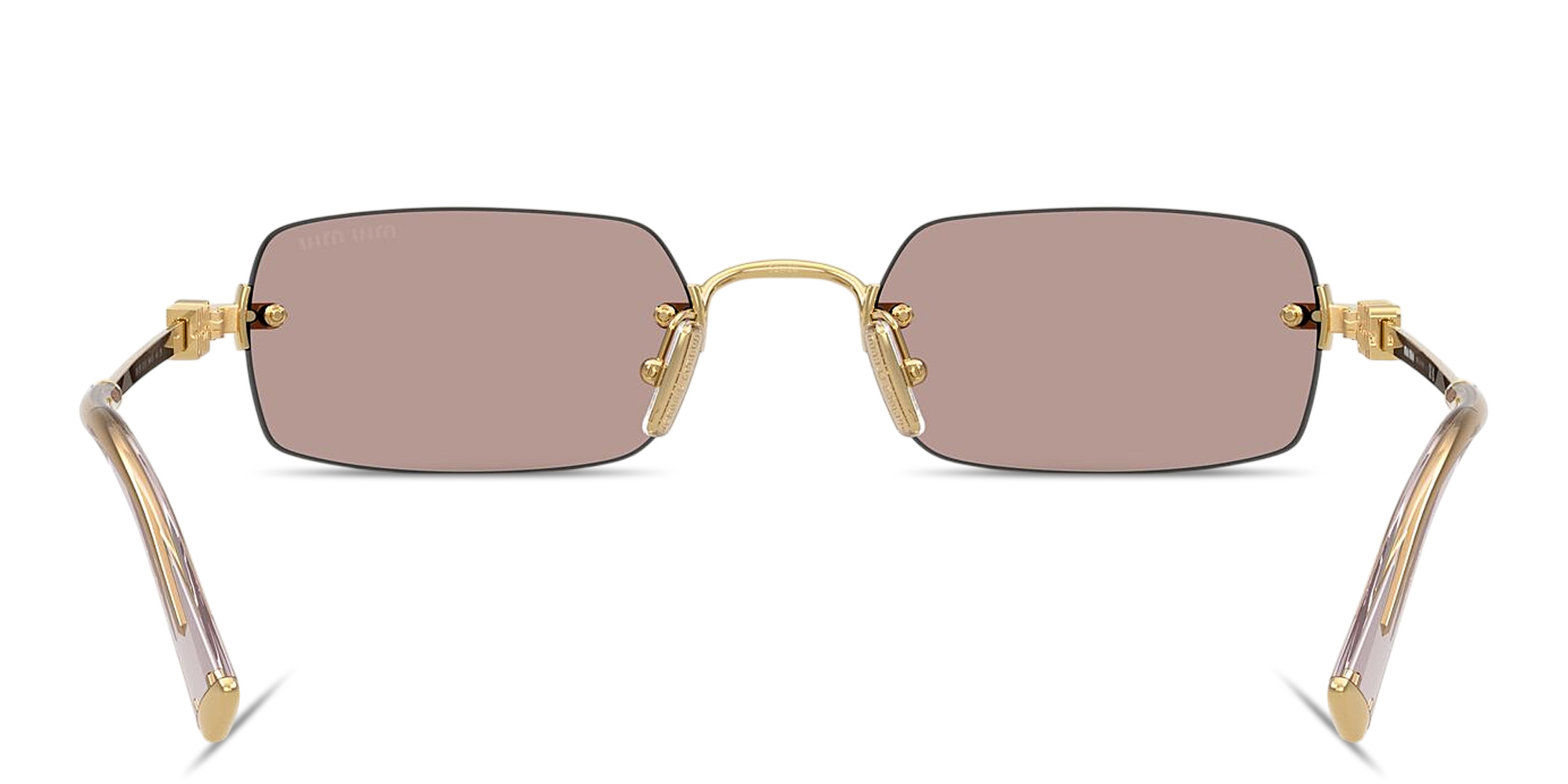 Shop MIU MIU Vertical Logo Rimless Rectangle Sunglasses in Gold online.