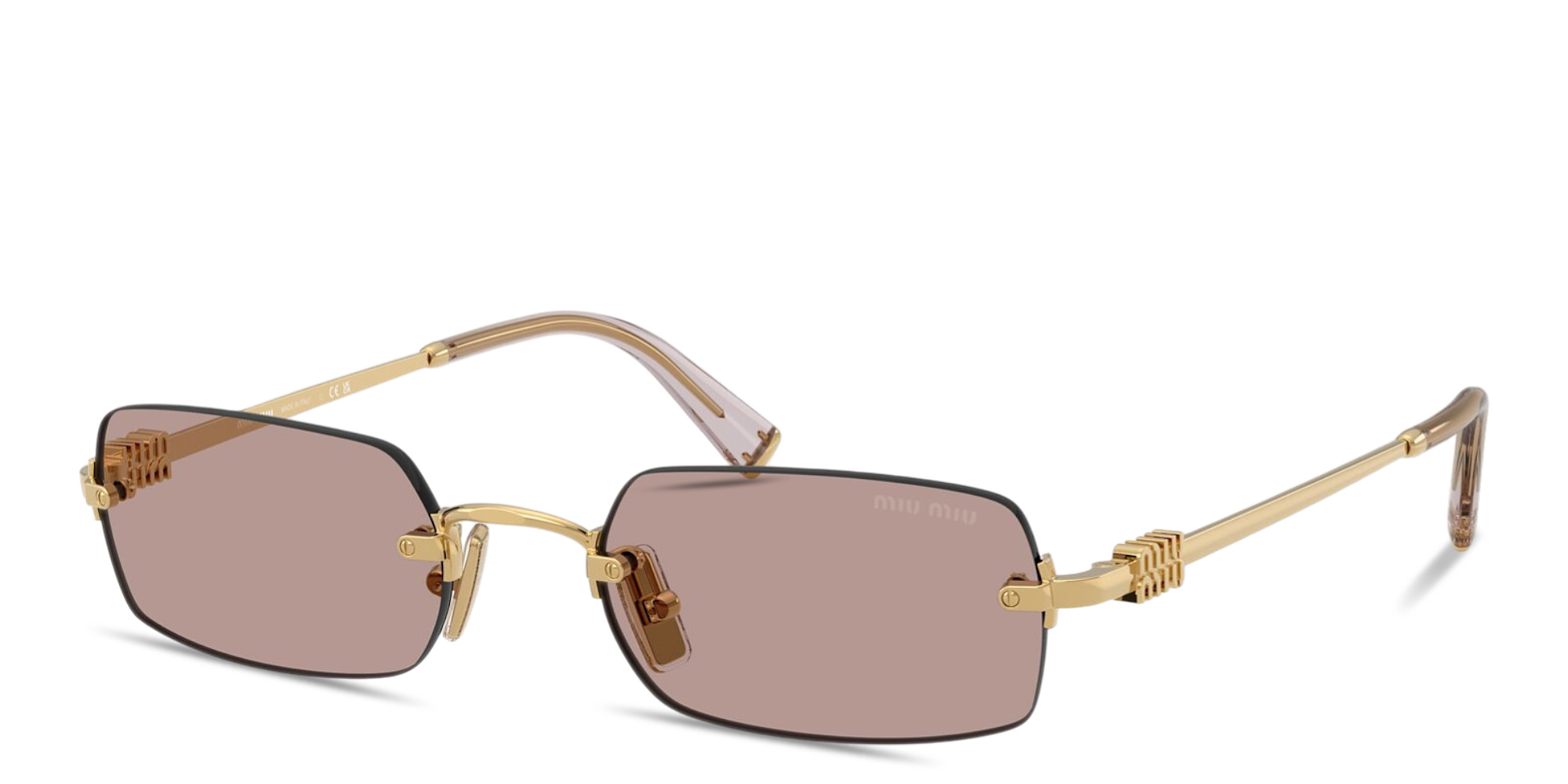 Shop MIU MIU Vertical Logo Rimless Rectangle Sunglasses in Gold online.