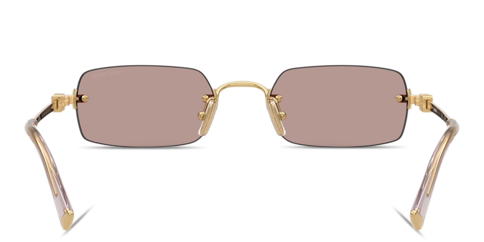 Shop MIU MIU Vertical Logo Rimless Rectangle Sunglasses in Gold online.