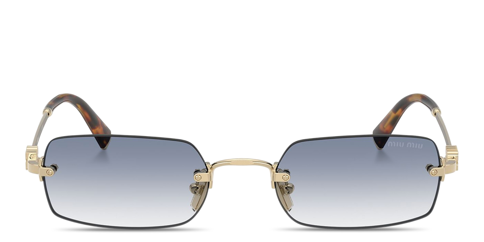 Shop MIU MIU Vertical Logo Rimless Rectangle Sunglasses in Pale Gold online.
