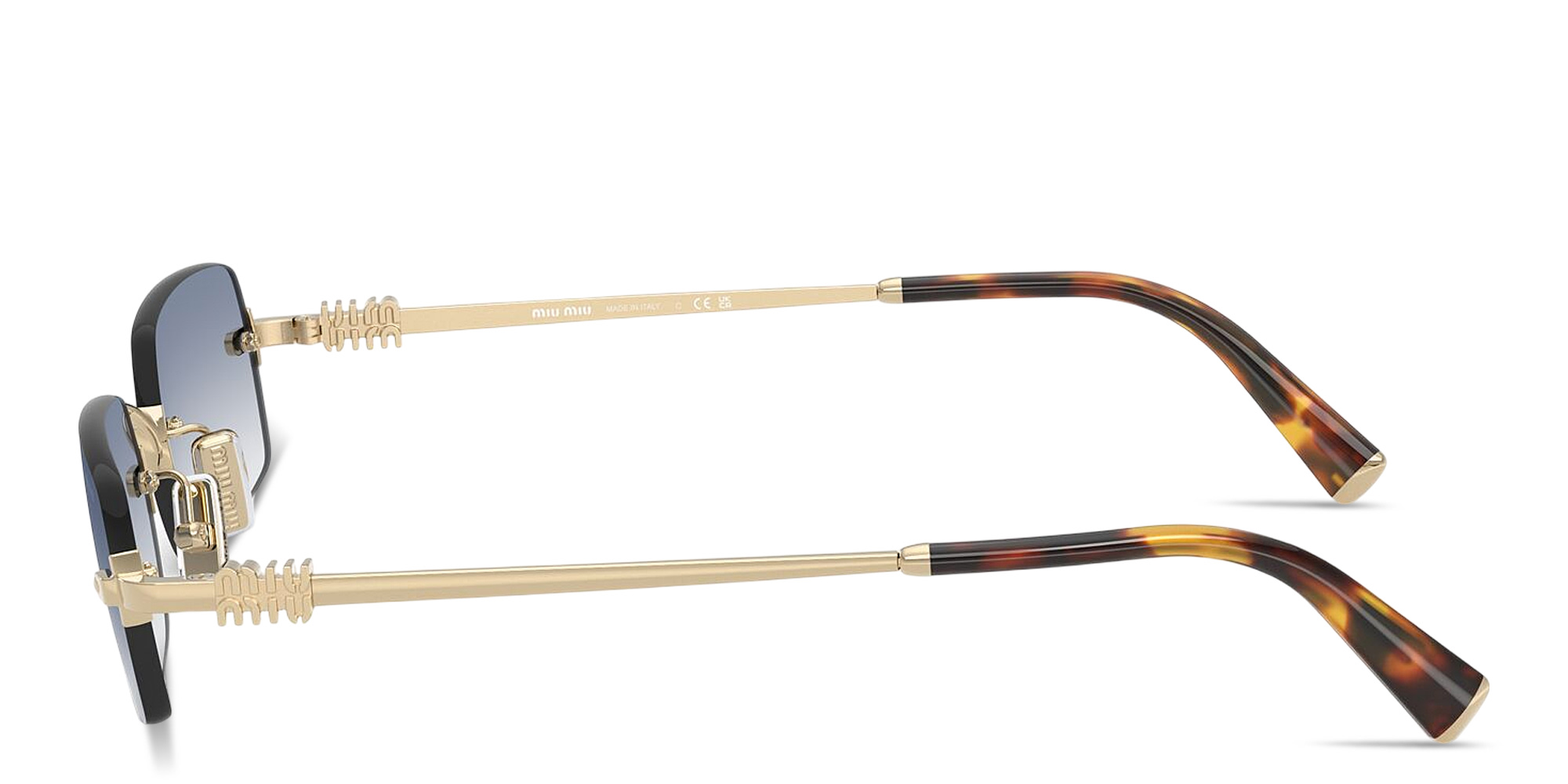 Shop MIU MIU Vertical Logo Rimless Rectangle Sunglasses in Pale Gold online.