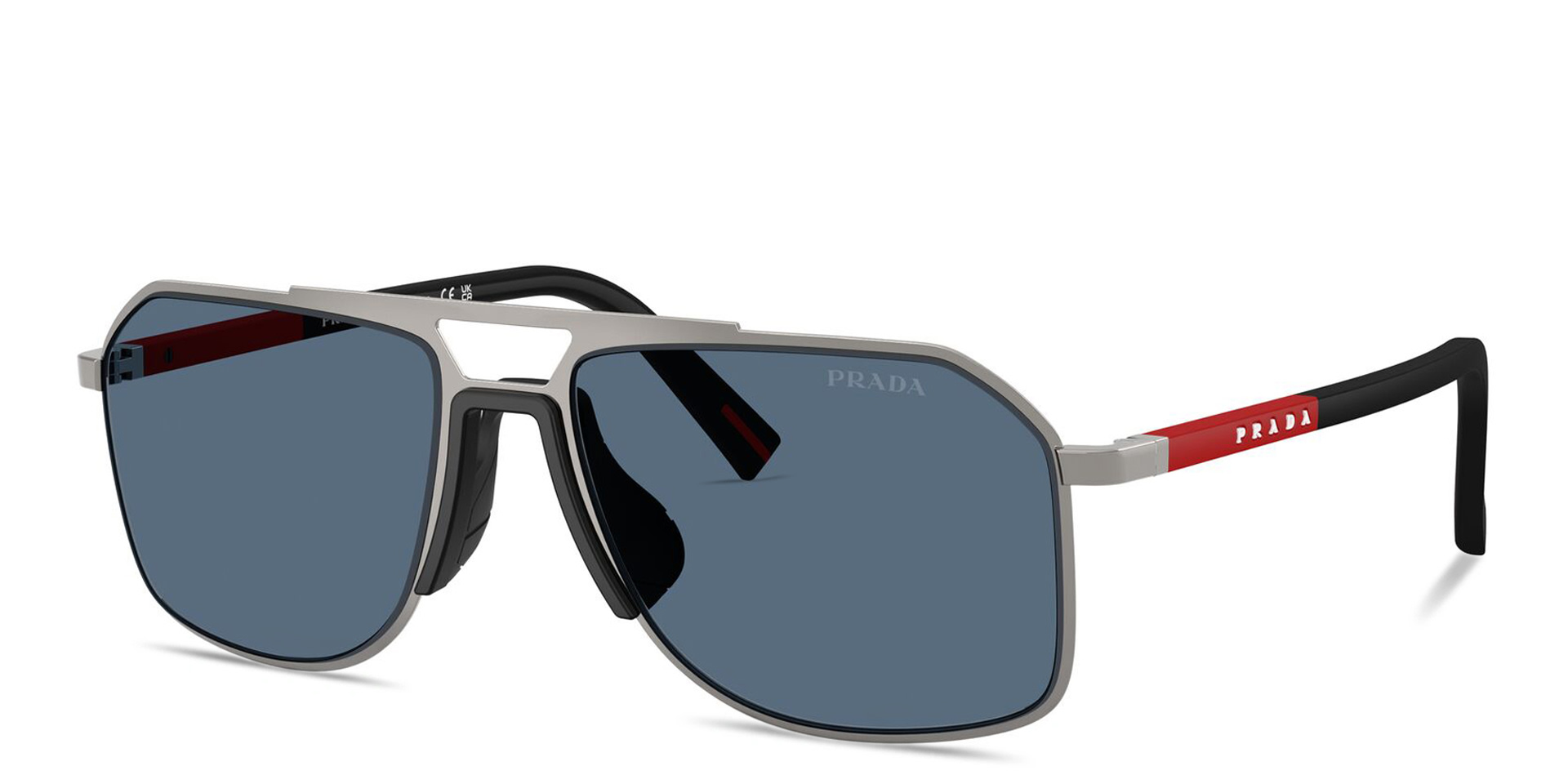 Shop Prada Linea Rossa Logo Signature Aviator Sunglasses in Gunmetal online.