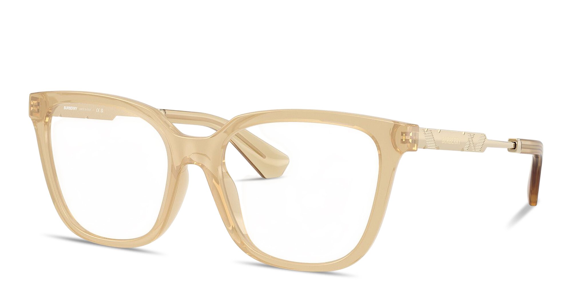 Shop BURBERRY Engraved Logo Square Eyeglasses in Transparent Yellow online.