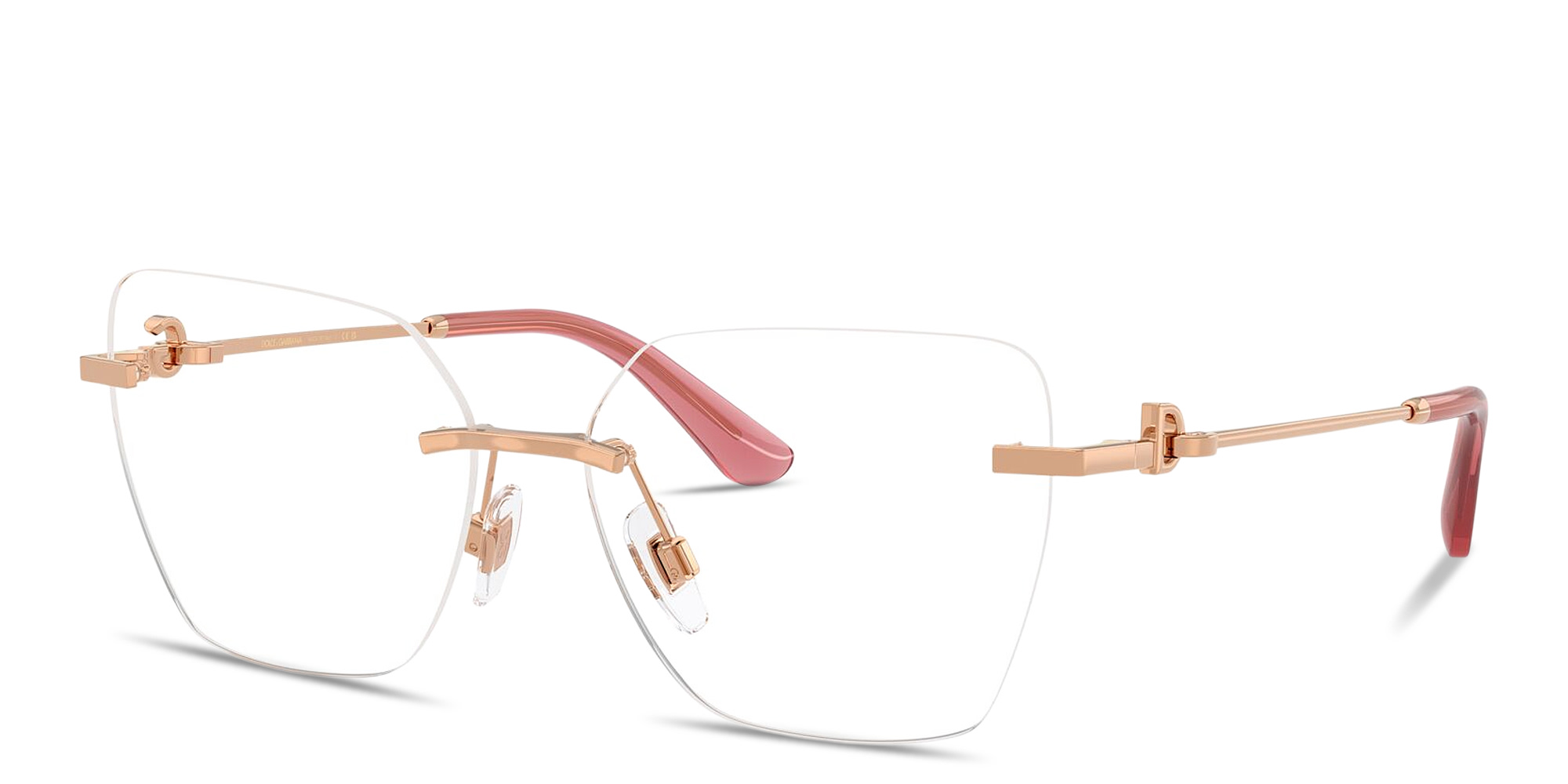 Shop Dolce & Gabbana DG Rimless Wide Cat-Eye Eyeglasses in Rose Gold online.