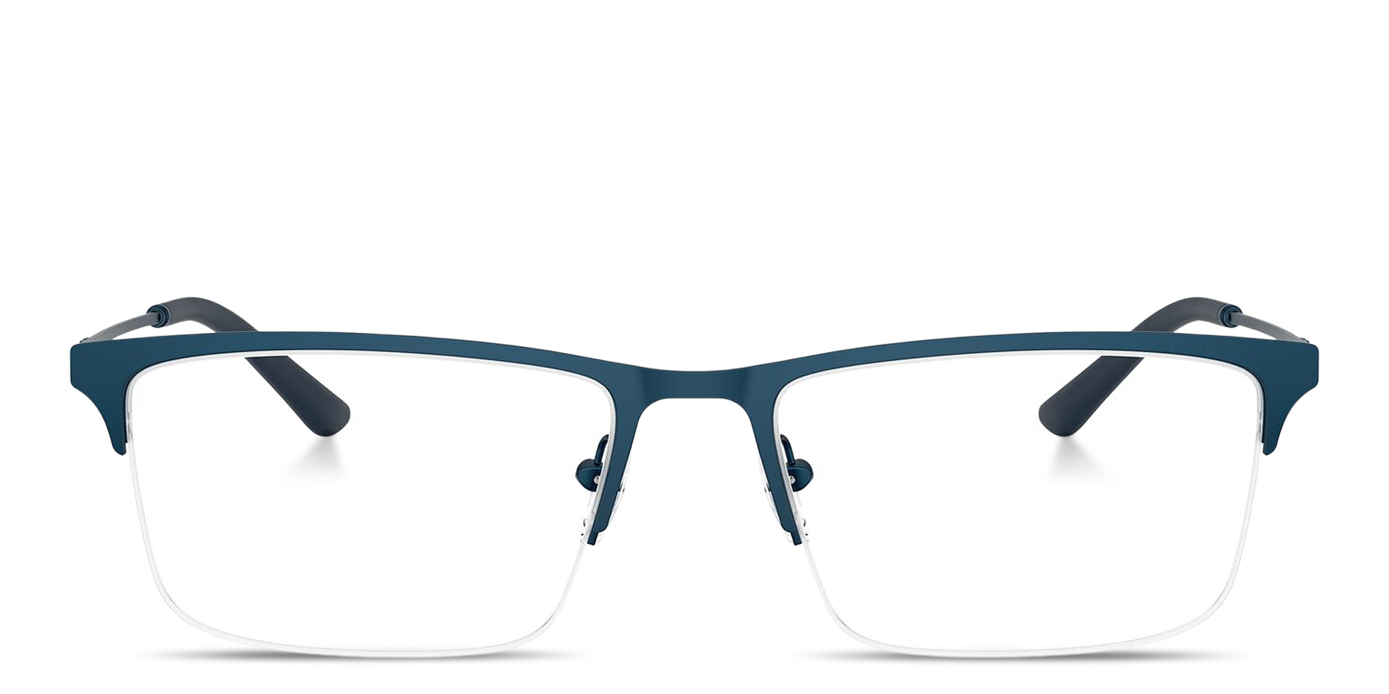 Shop Emporio Armani Eagle Logo Half-Rim Wide Rectangle Eyeglasses in Blue online.