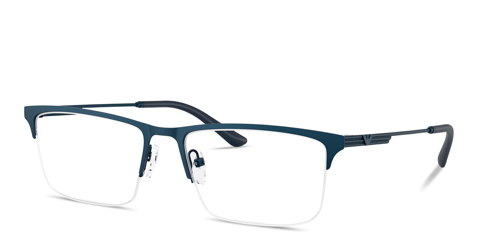 Shop Emporio Armani Eagle Logo Half-Rim Wide Rectangle Eyeglasses in Blue online.