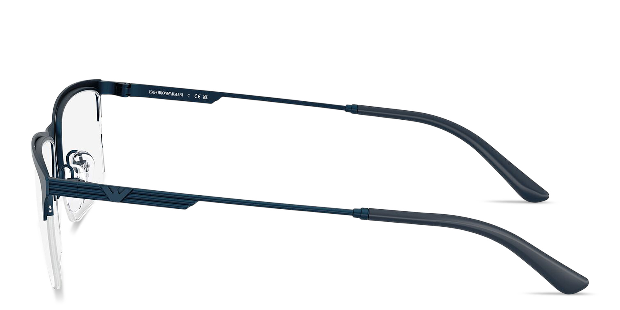 Shop Emporio Armani Eagle Logo Half-Rim Wide Rectangle Eyeglasses in Blue online.