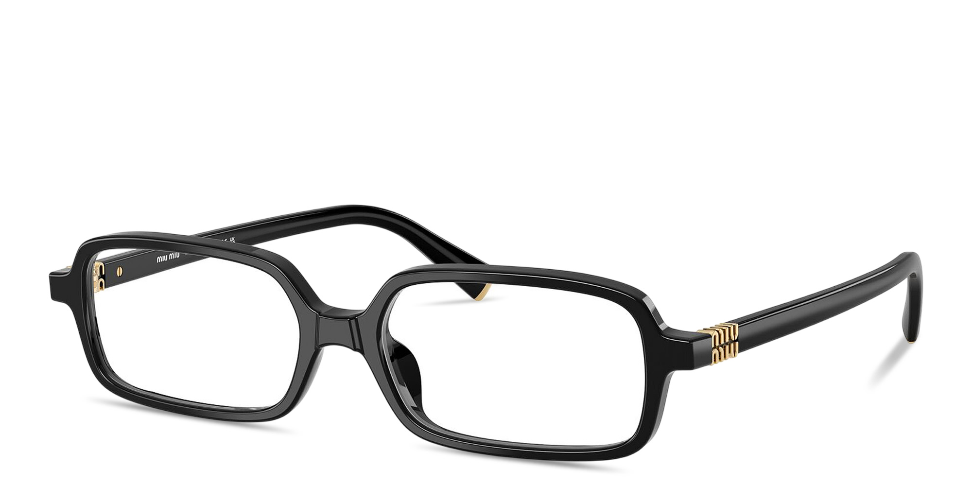 Shop MIU MIU Vertical Logo Rectangle Eyeglasses in Black online.
