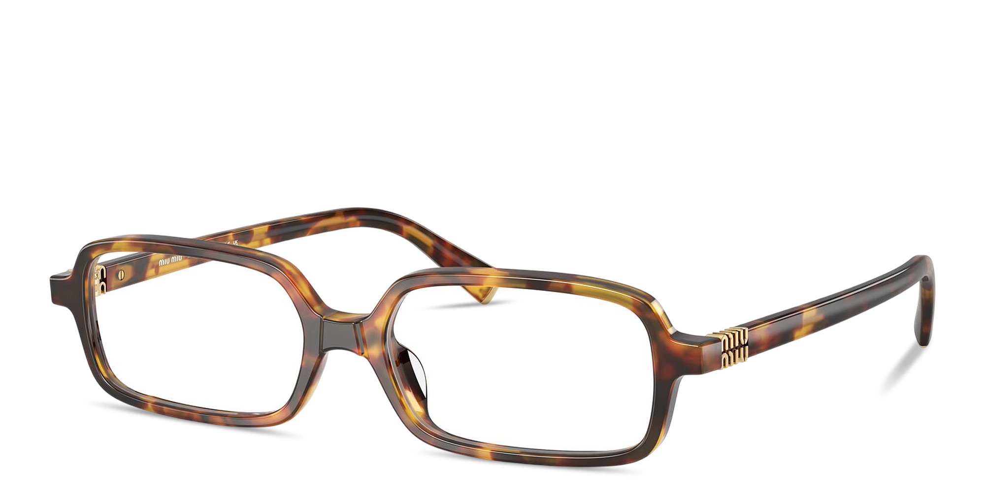 Shop MIU MIU Vertical Logo Rectangle Eyeglasses in Honey Havana online.