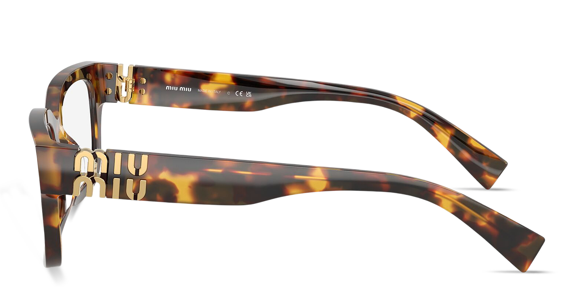 Shop MIU MIU Vertical Logo Square Eyeglasses in Honey Havana online.