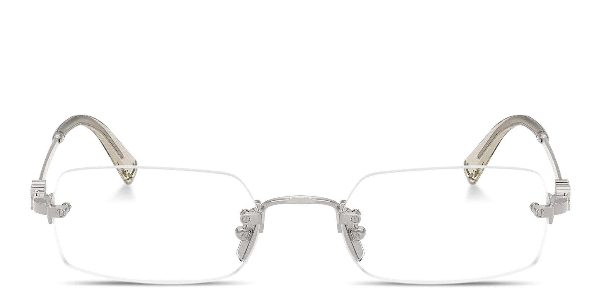 Shop MIU MIU Vertical Logo Rimless Rectangle Eyeglasses in Silver online.