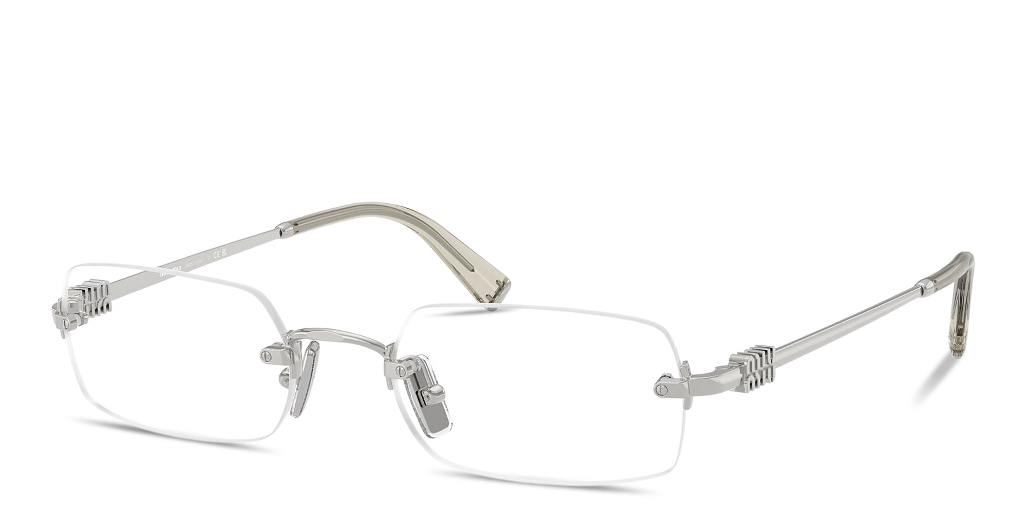 Shop MIU MIU Vertical Logo Rimless Rectangle Eyeglasses in Silver online.
