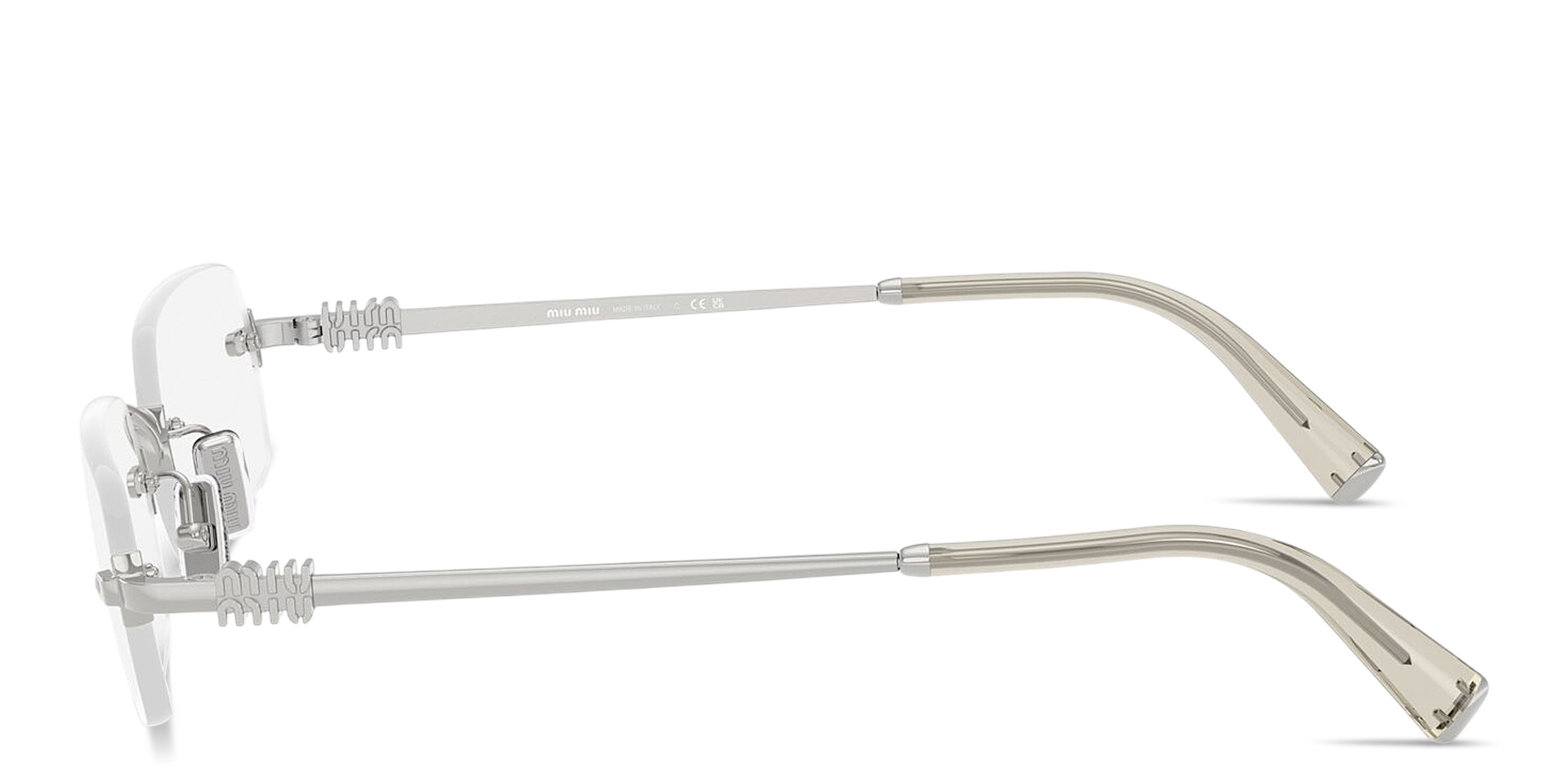 Shop MIU MIU Vertical Logo Rimless Rectangle Eyeglasses in Silver online.