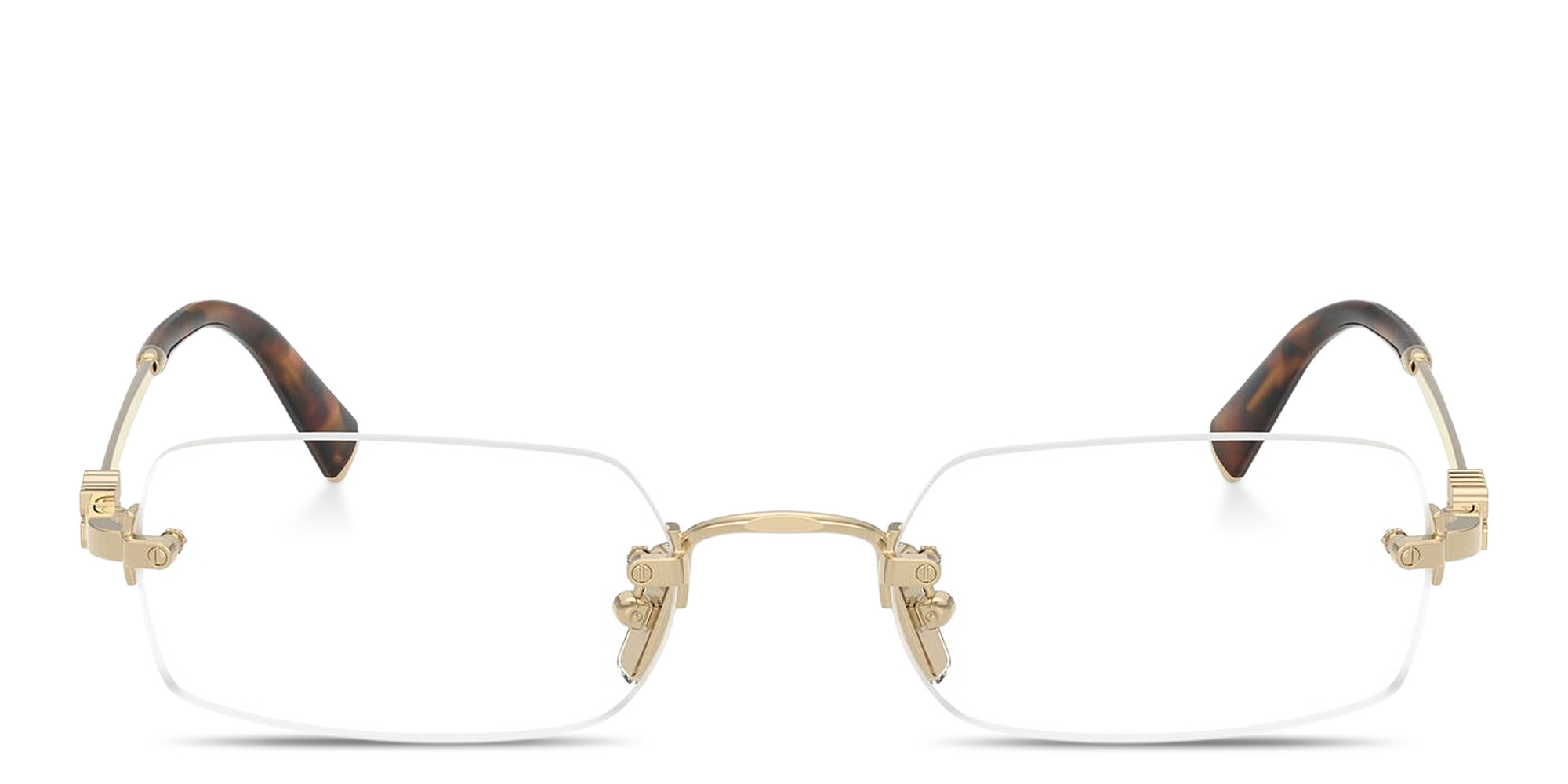 Shop MIU MIU Vertical Logo Rimless Rectangle Eyeglasses in Gold online.