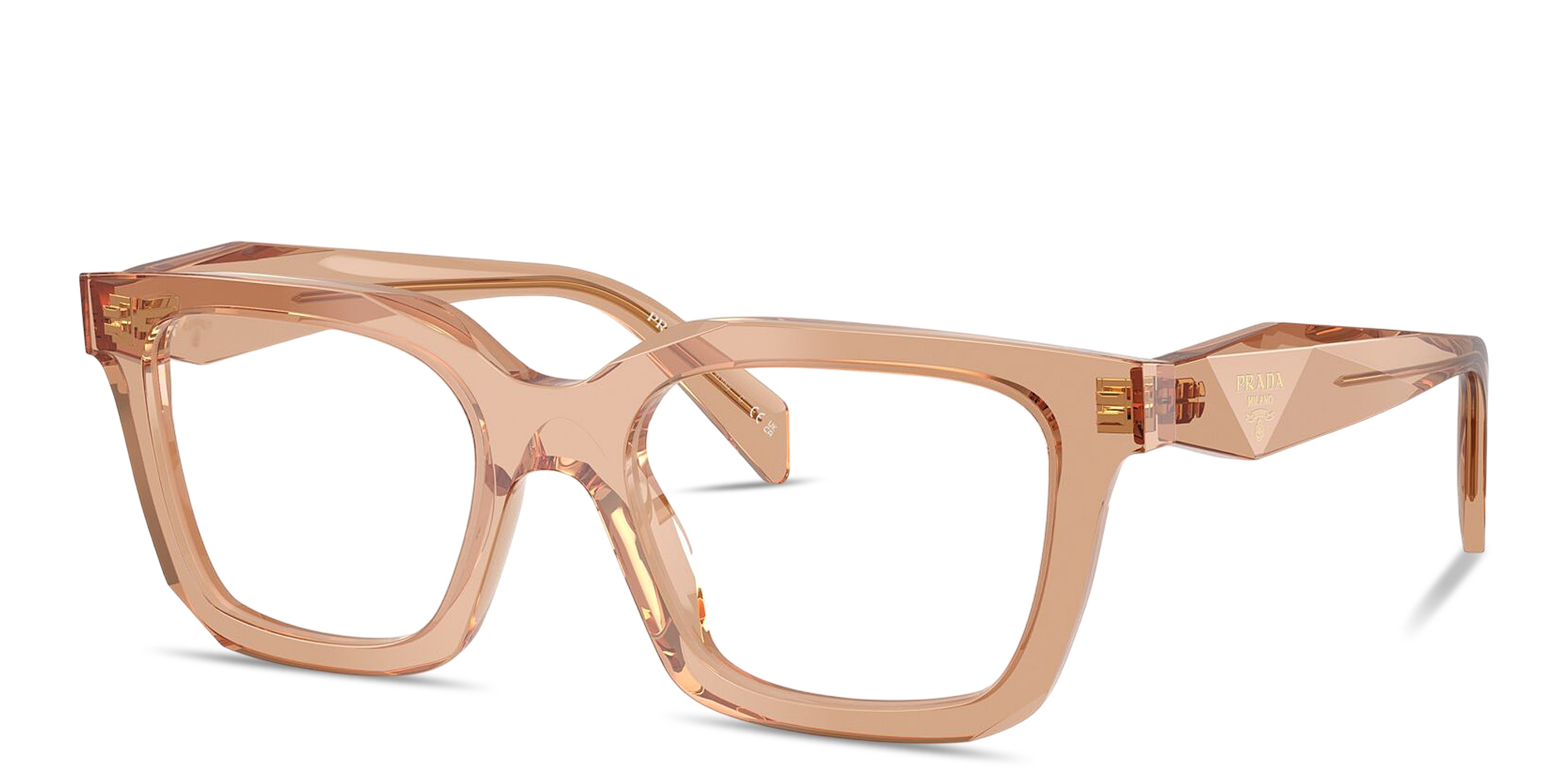Shop PRADA Logo Signature Square Eyeglasses in Transparent Chocolate online.