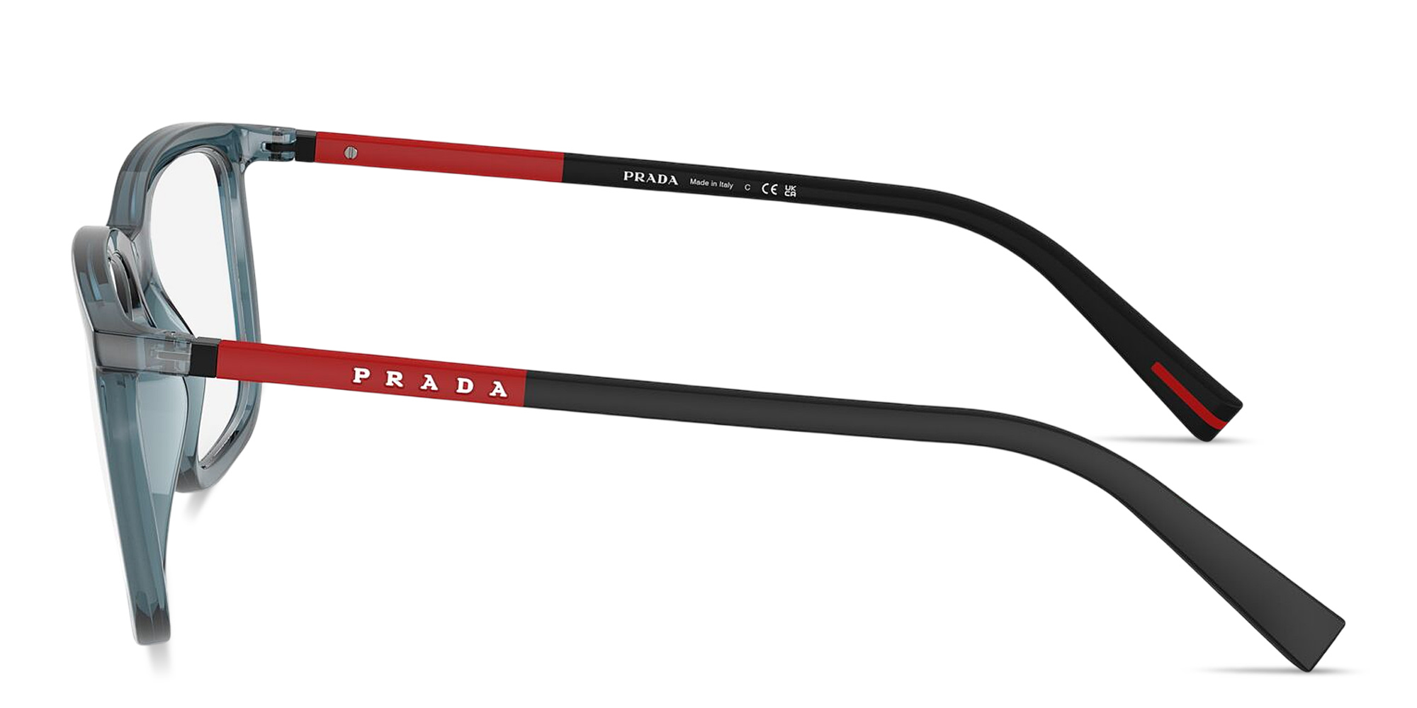 Shop Prada Linea Rossa Logo Signature Pillow Eyeglasses in Transparent Blue online.