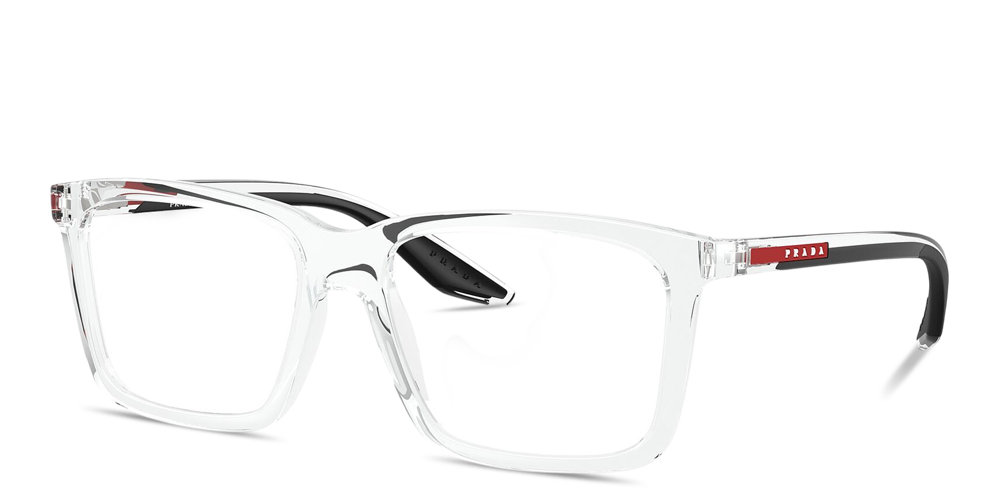 Shop Prada Linea Rossa Logo Signature Wide Rectangle Eyeglasses in Crystal online.