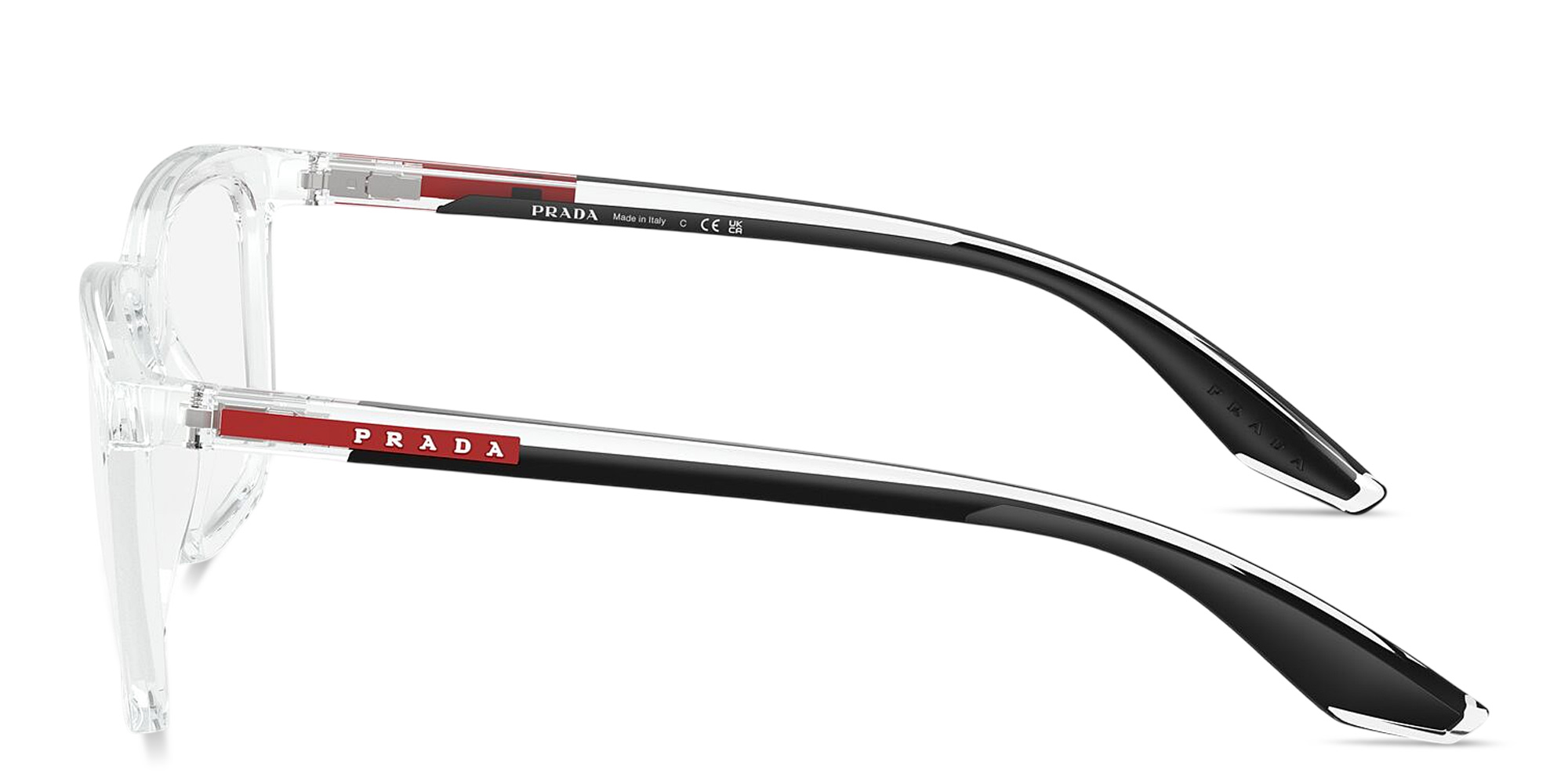 Shop Prada Linea Rossa Logo Signature Wide Rectangle Eyeglasses in Crystal online.