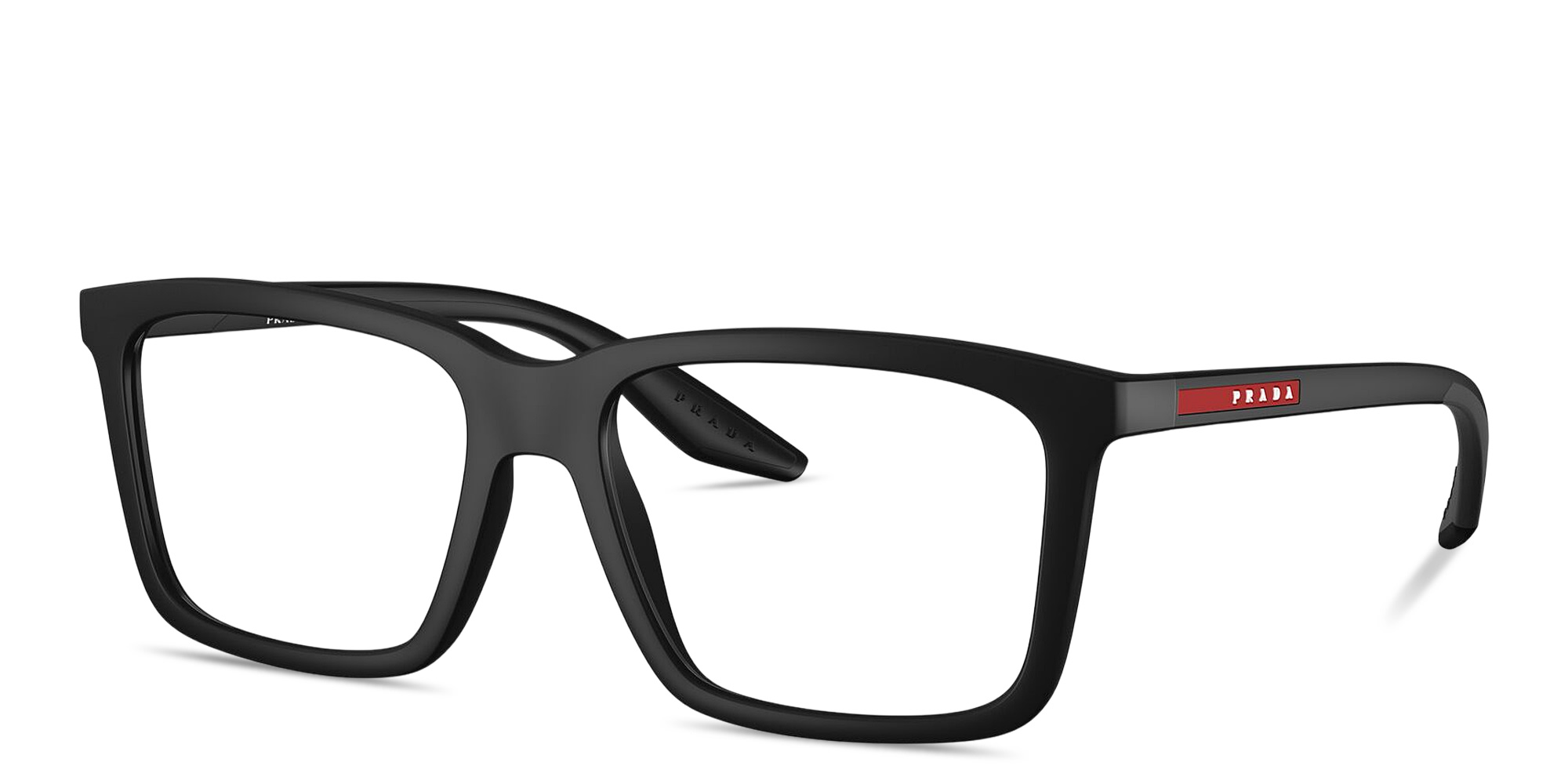 Shop Prada Linea Rossa Logo Signature Wide Rectangle Eyeglasses in Rubber Black online.