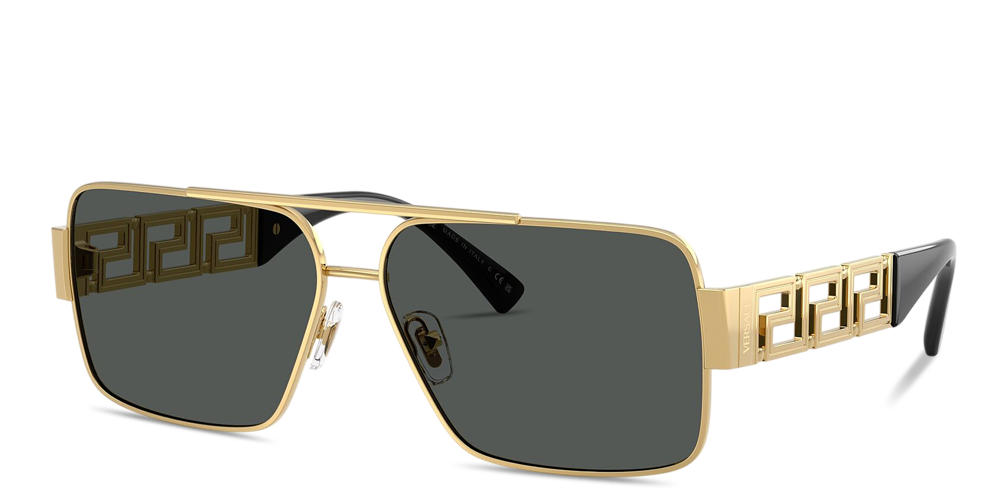 Shop VERSACE Greca Rectangle Sunglasses in Gold online.