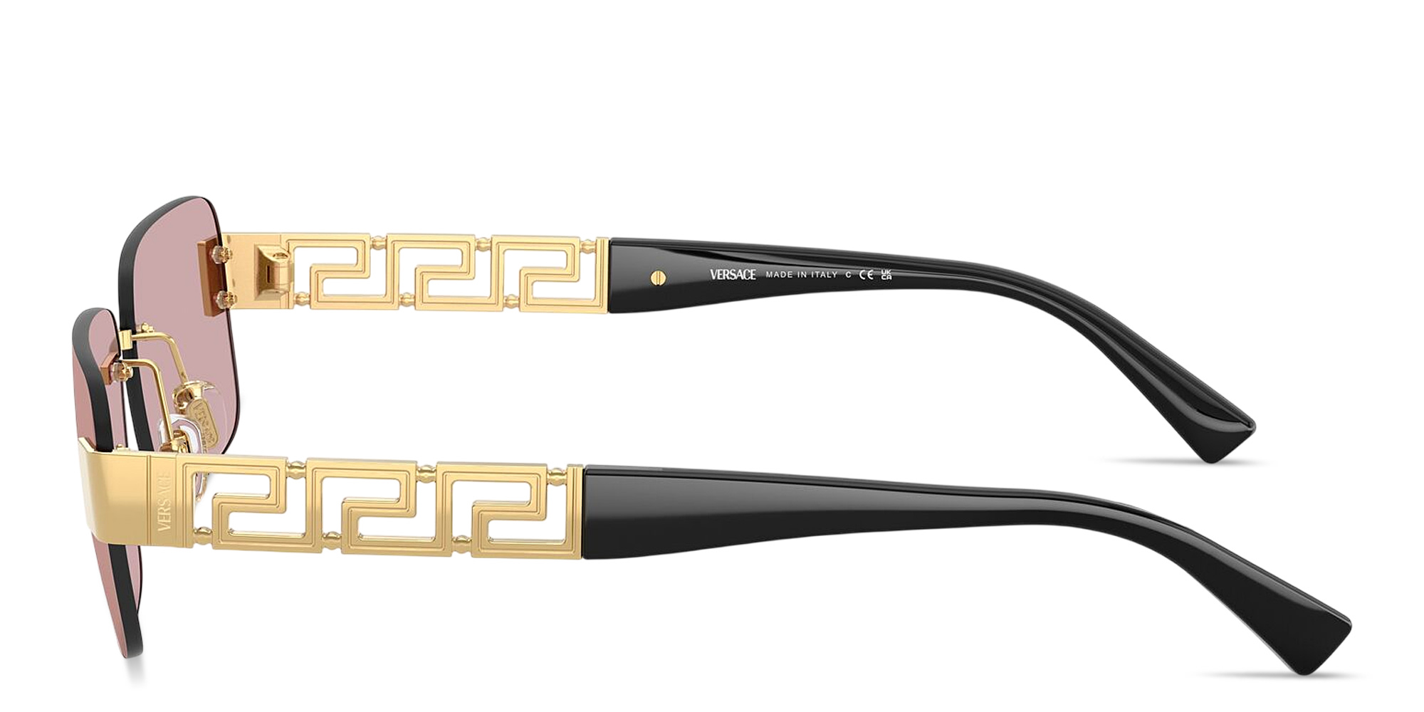 Shop VERSACE Greca Rimless Rectangle Sunglasses in Gold online.