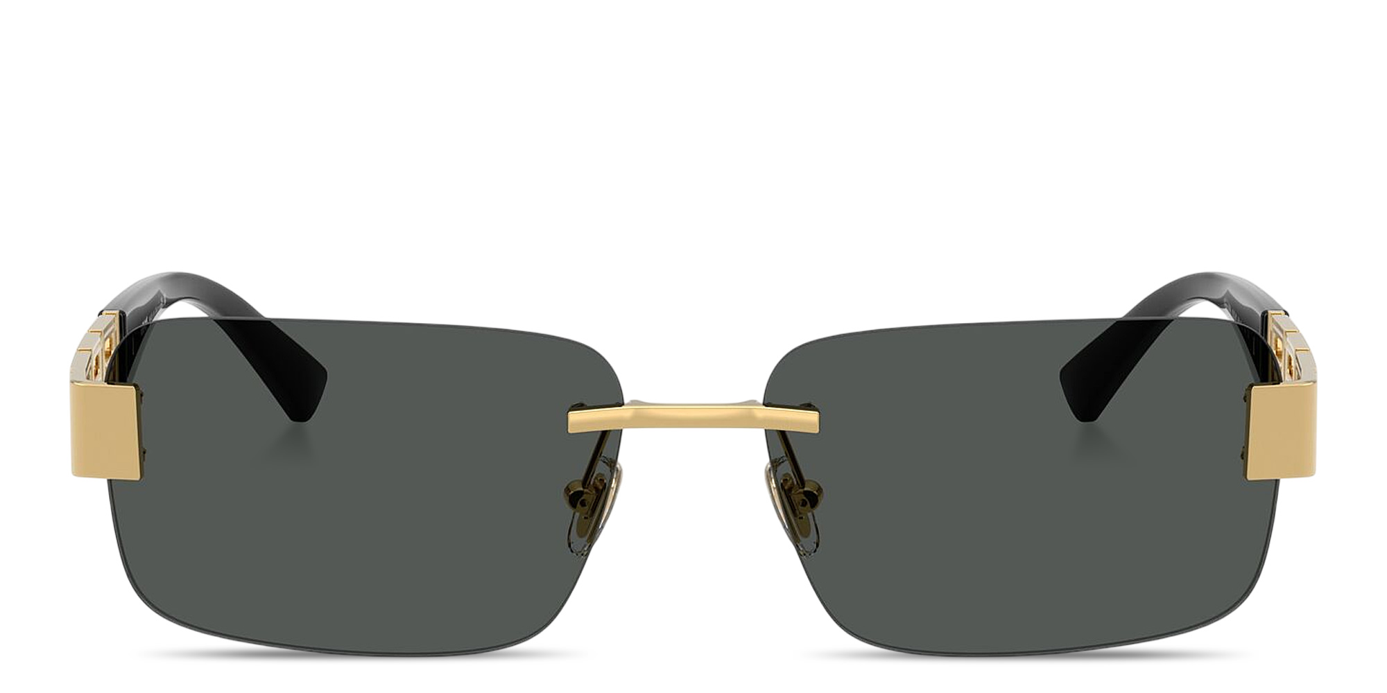 Shop VERSACE Greca Rimless Rectangle Sunglasses in Gold online.