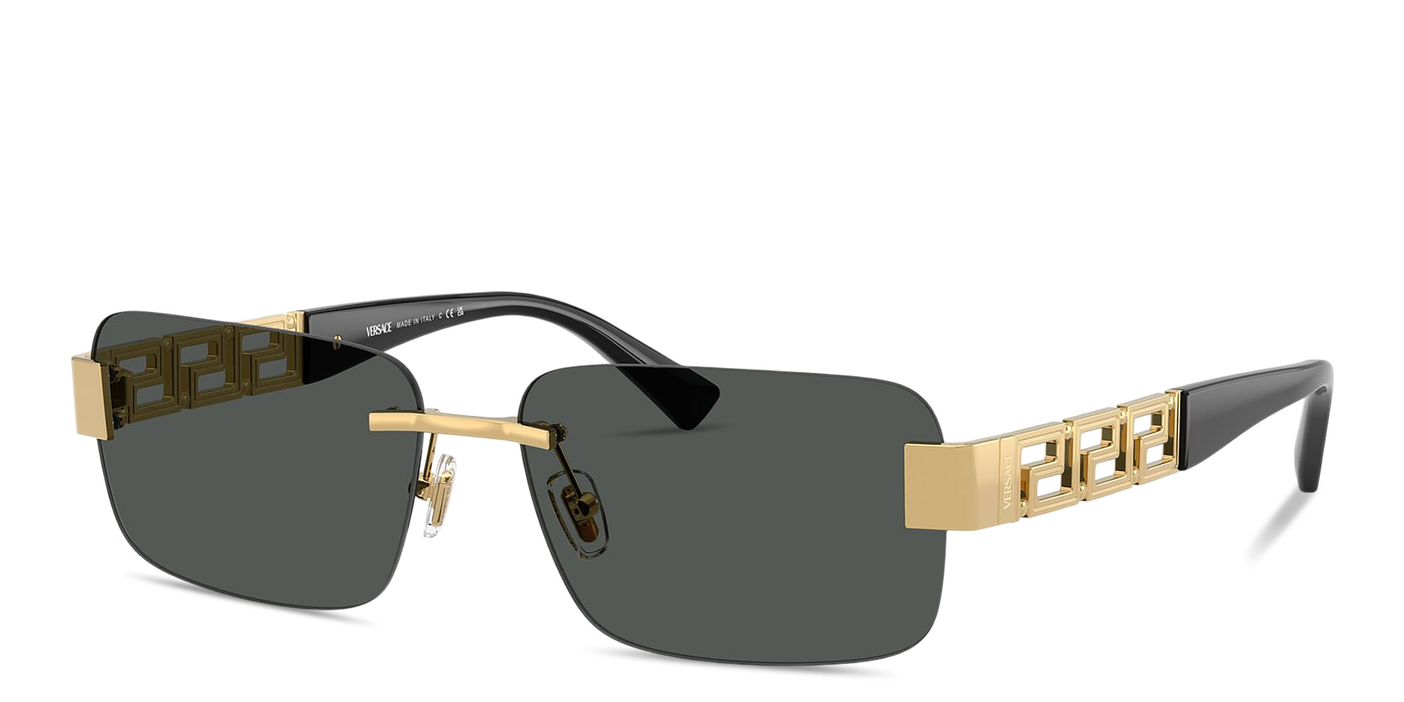 Shop VERSACE Greca Rimless Rectangle Sunglasses in Gold online.