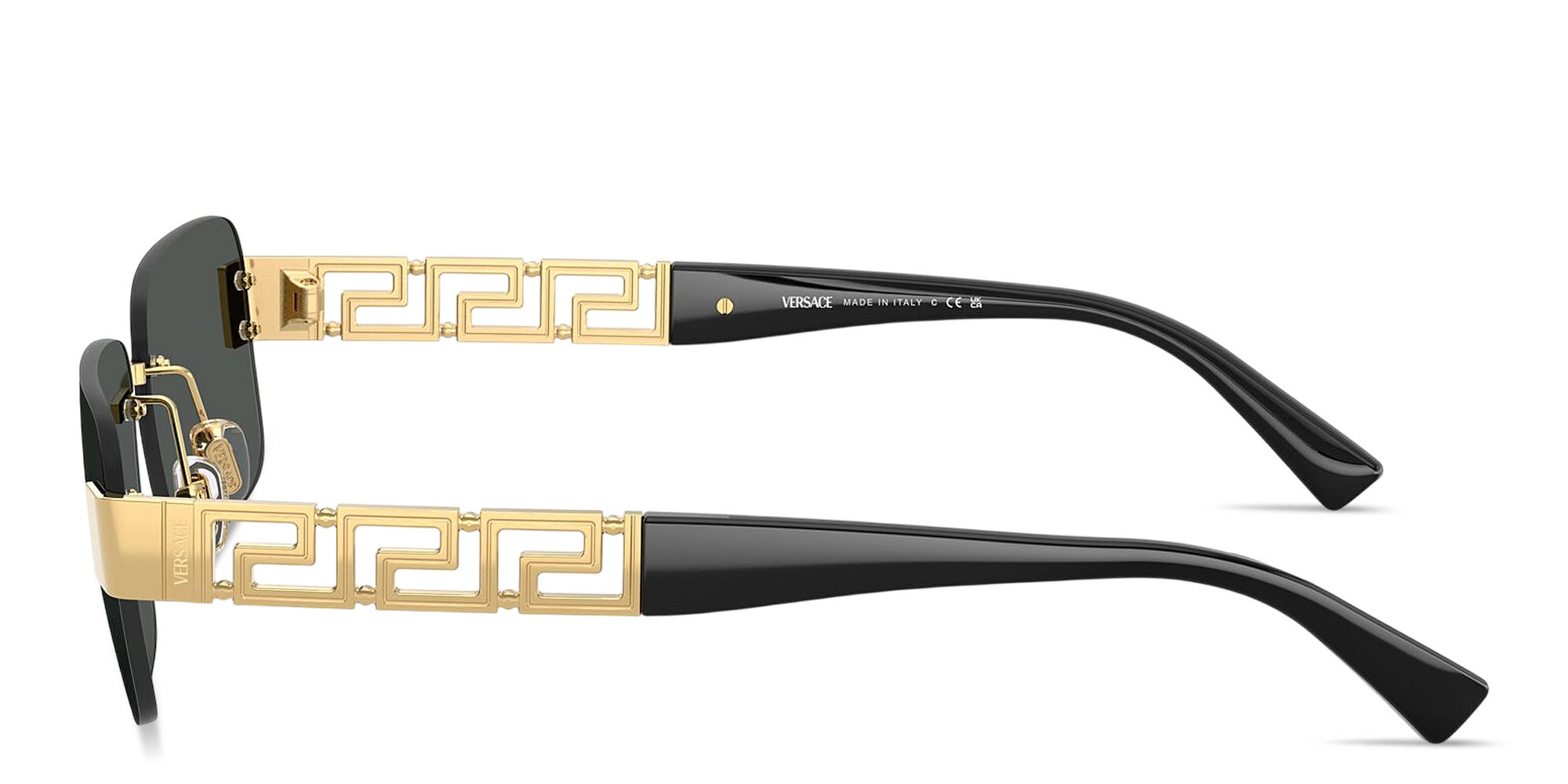 Shop VERSACE Greca Rimless Rectangle Sunglasses in Gold online.