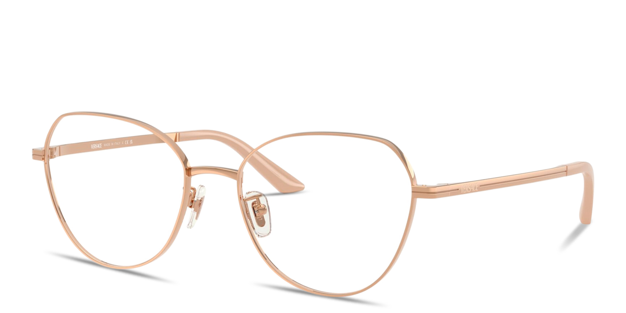 Shop VERSACE Engraved Logo Wide Panthos Eyeglasses in Rose Gold online.