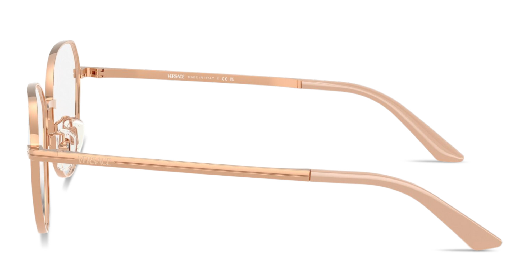 Shop VERSACE Engraved Logo Wide Panthos Eyeglasses in Rose Gold online.