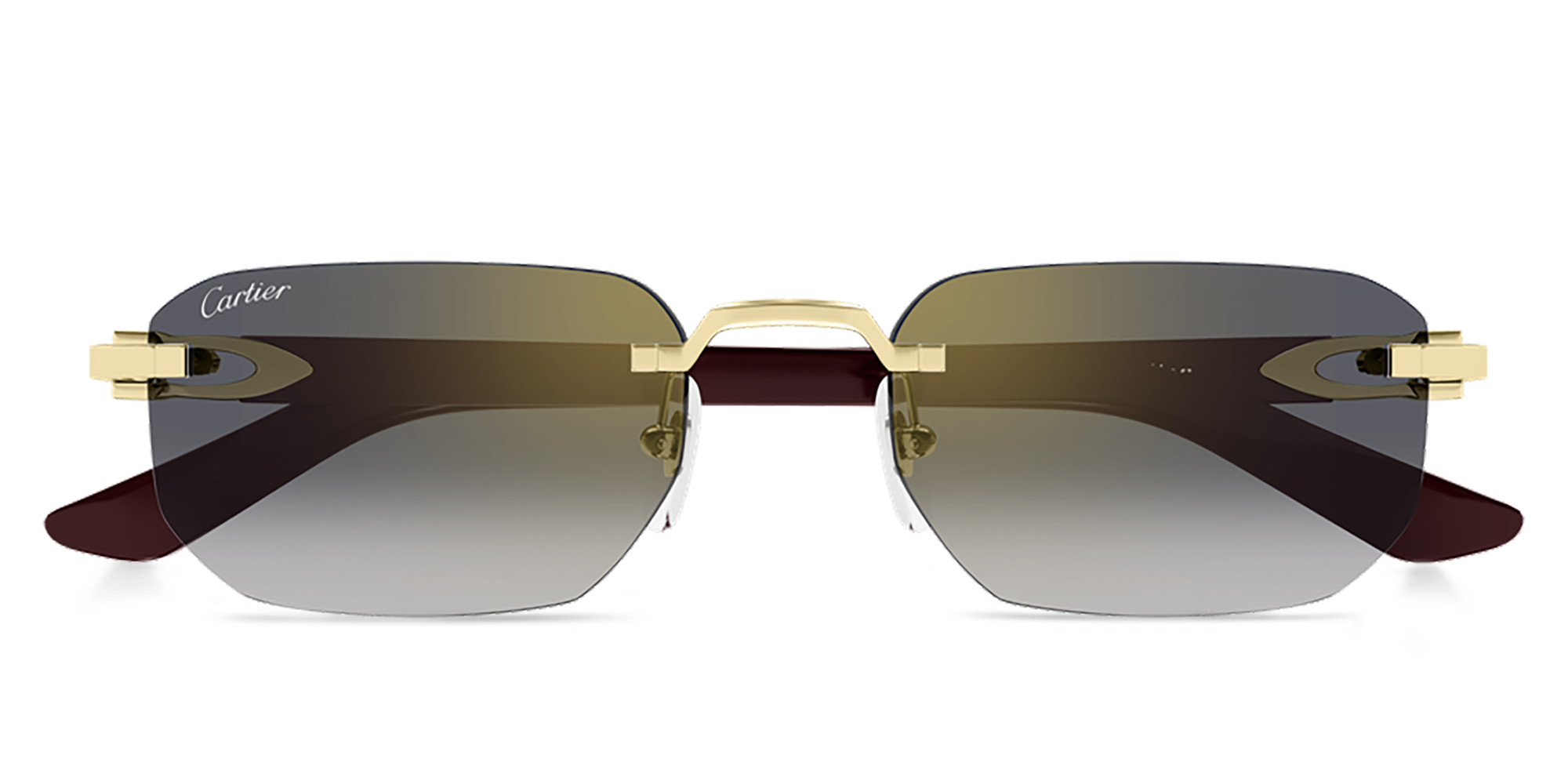 Shop Cartier Rimless Rectangle Sunglasses with Elongated C de Cartier Motif in Shiny Gold online.