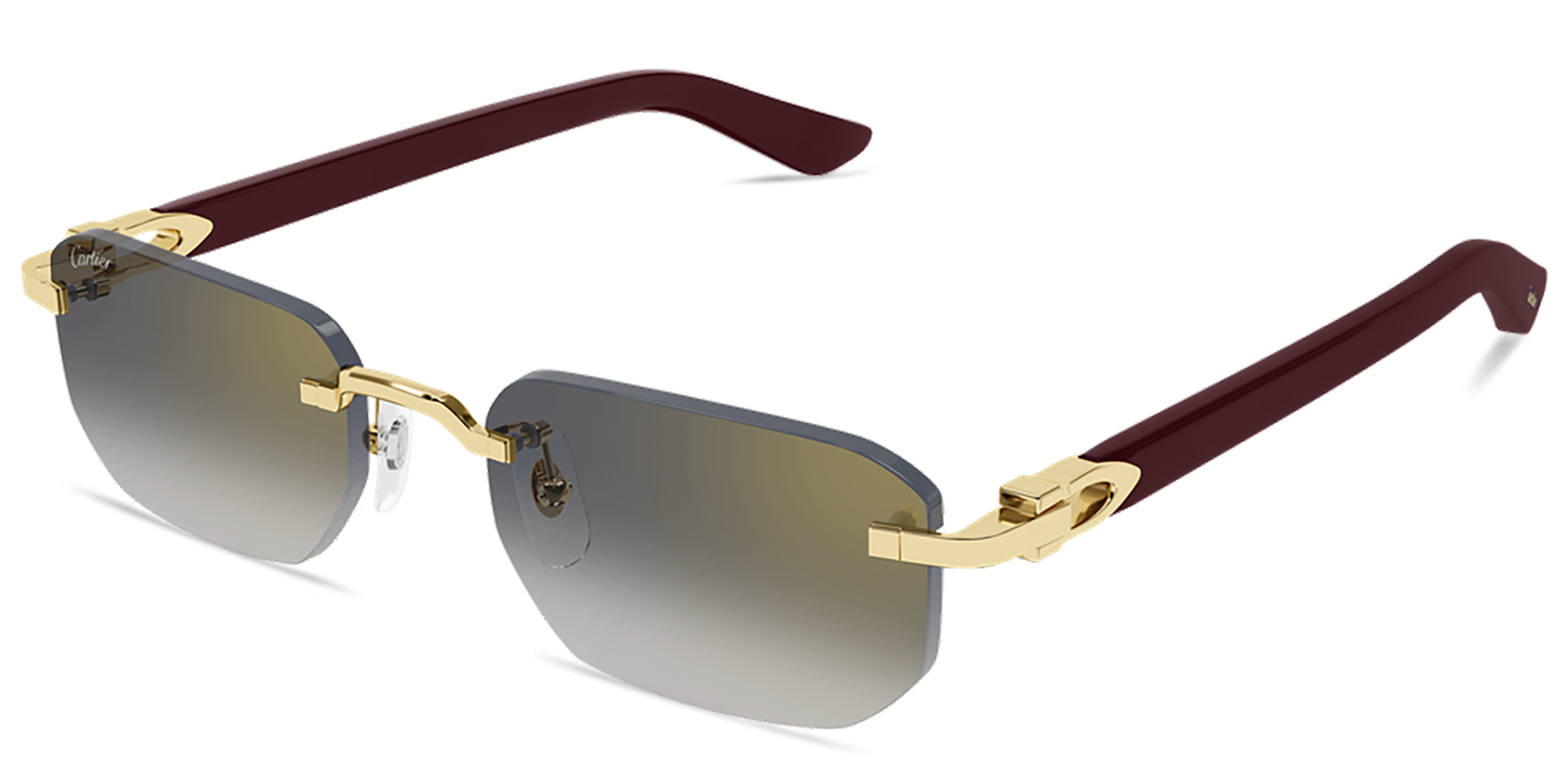 Shop Cartier Rimless Rectangle Sunglasses with Elongated C de Cartier Motif in Shiny Gold online.
