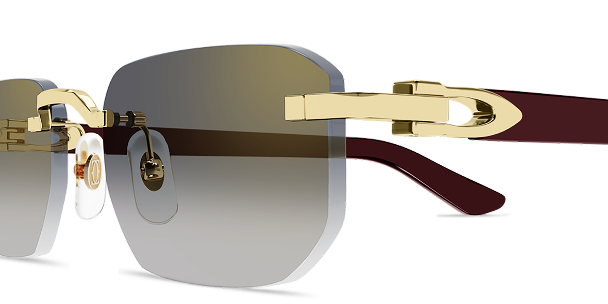 Shop Cartier Rimless Rectangle Sunglasses with Elongated C de Cartier Motif in Shiny Gold online.
