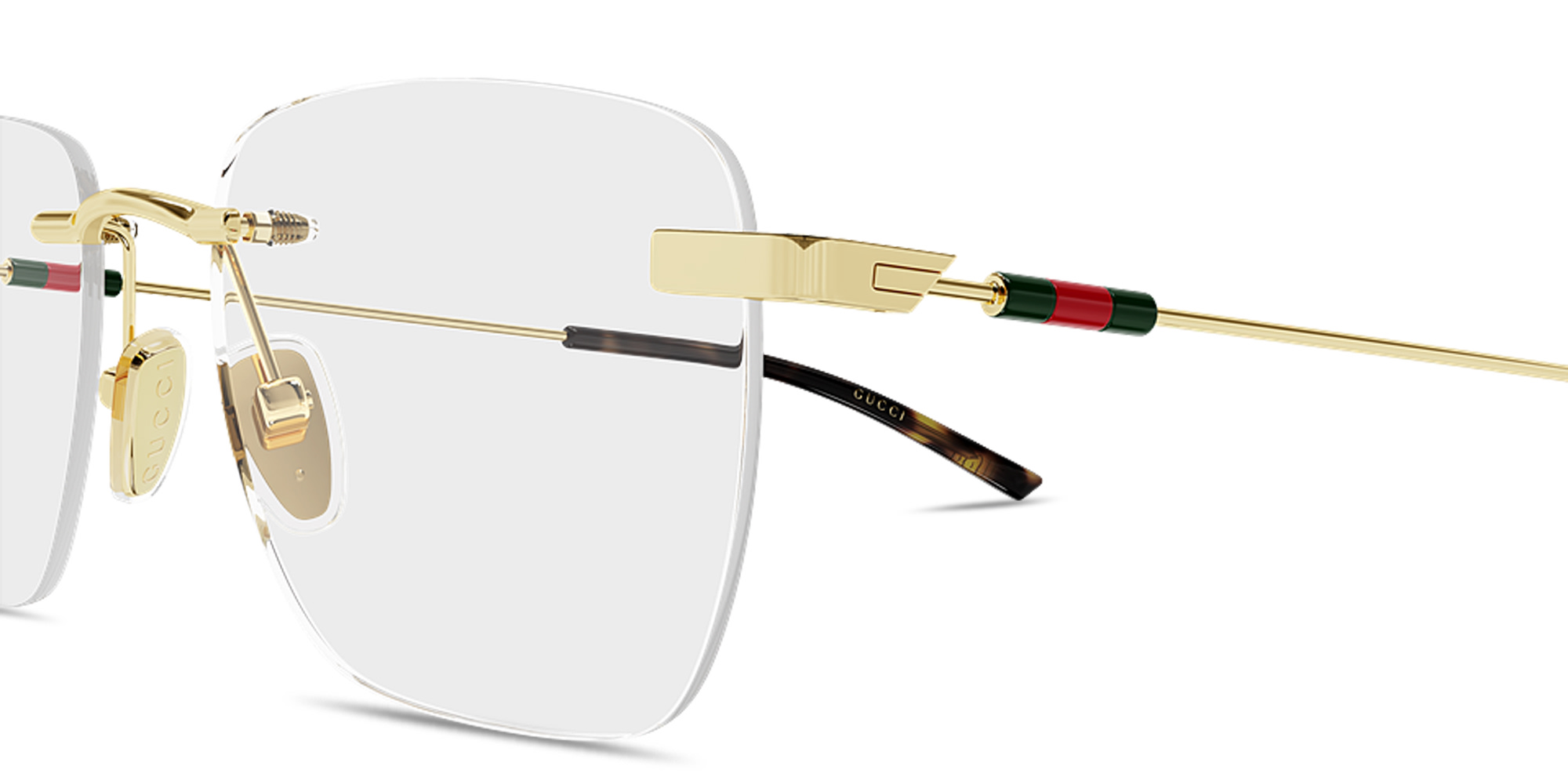 Shop GUCCI Web Rimless Rectangle Eyeglasses in Endura Gold online.