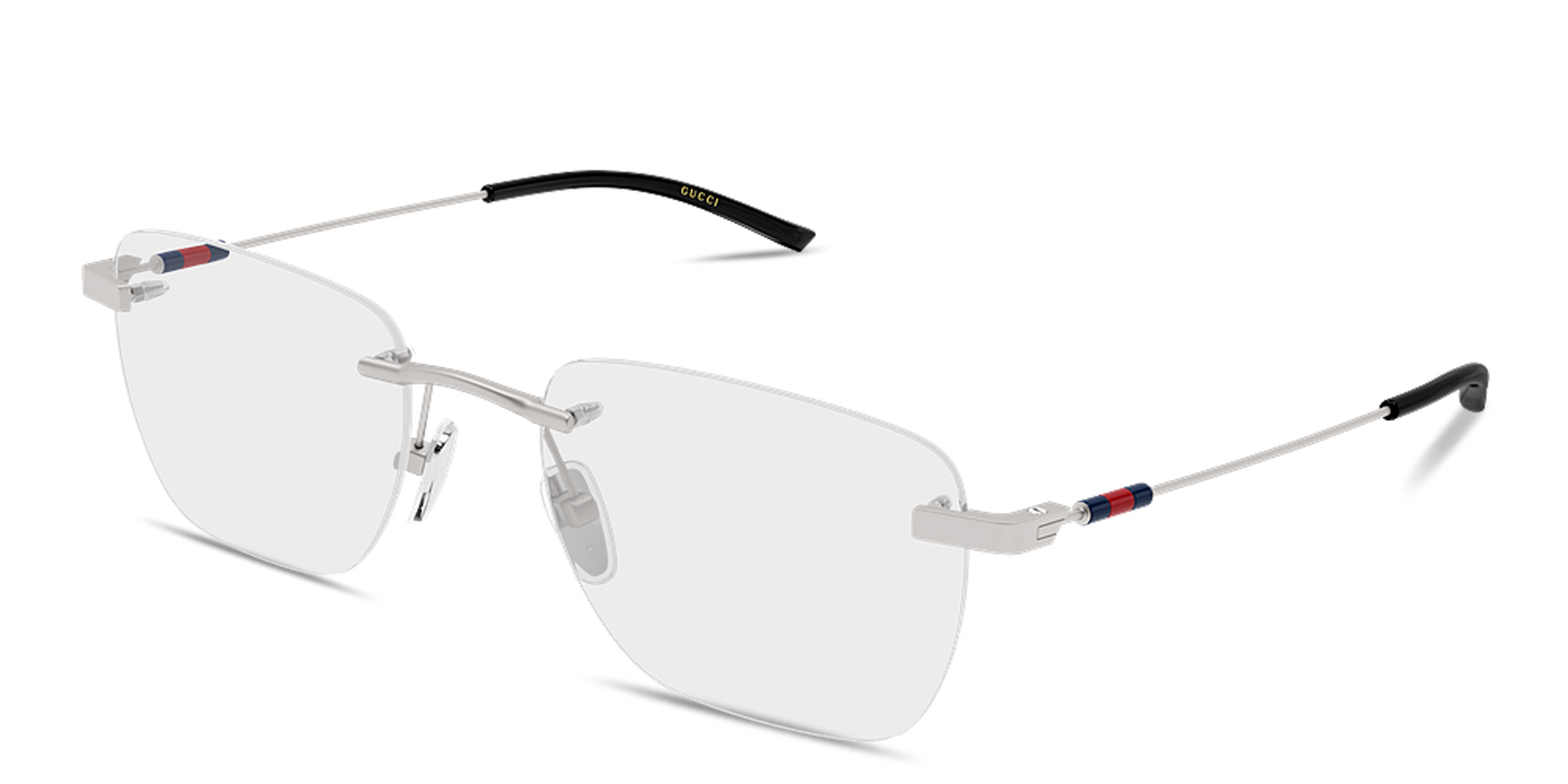 Shop GUCCI Web Rimless Rectangle Eyeglasses in Ruthenium online.