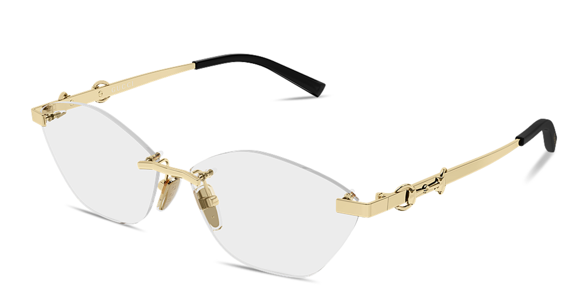 Shop GUCCI Horsebit Wide Rimless Cat-Eye Eyeglasses in Endura Gold online.