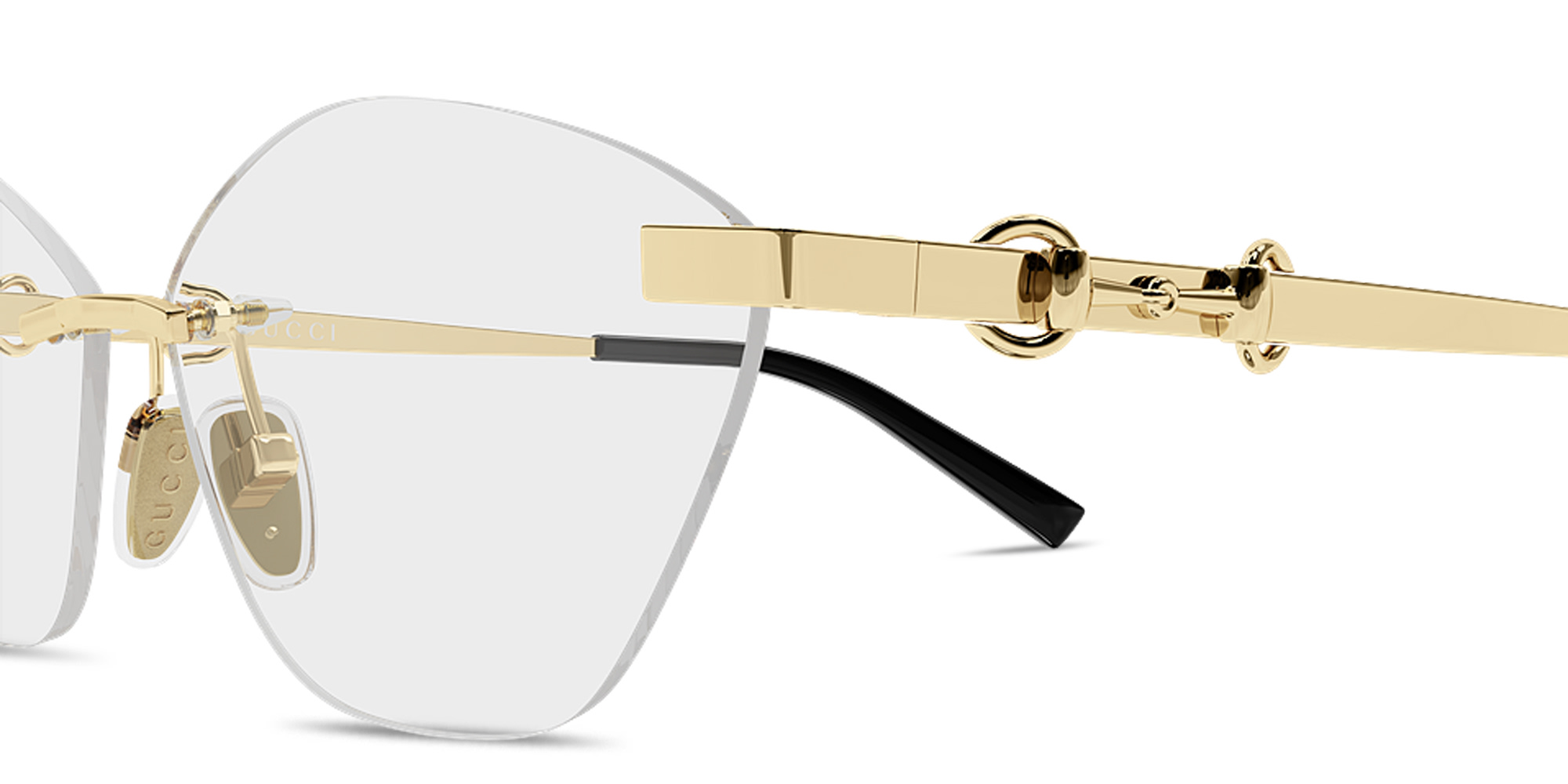 Shop GUCCI Horsebit Wide Rimless Cat-Eye Eyeglasses in Endura Gold online.