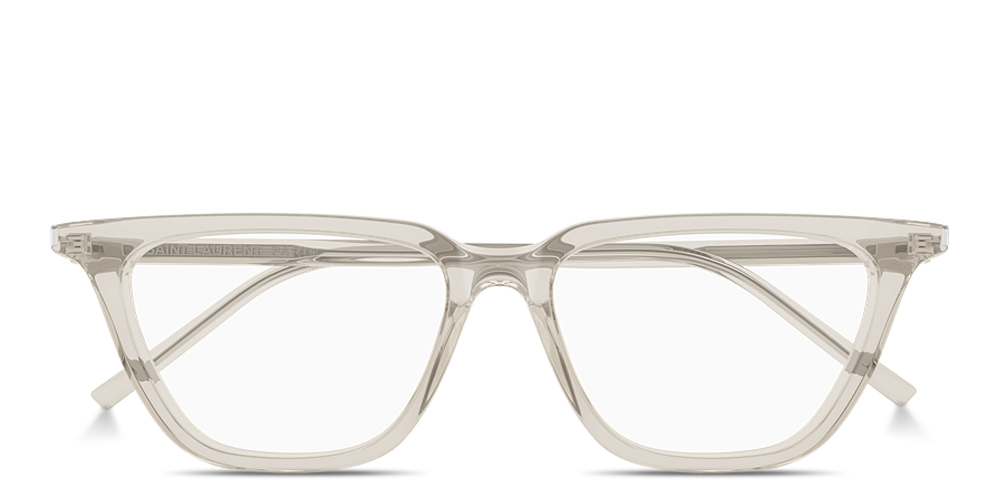 Shop SAINT LAURENT Thin Acetate Cat-Eye Eyeglasses in Transparent Cream online.