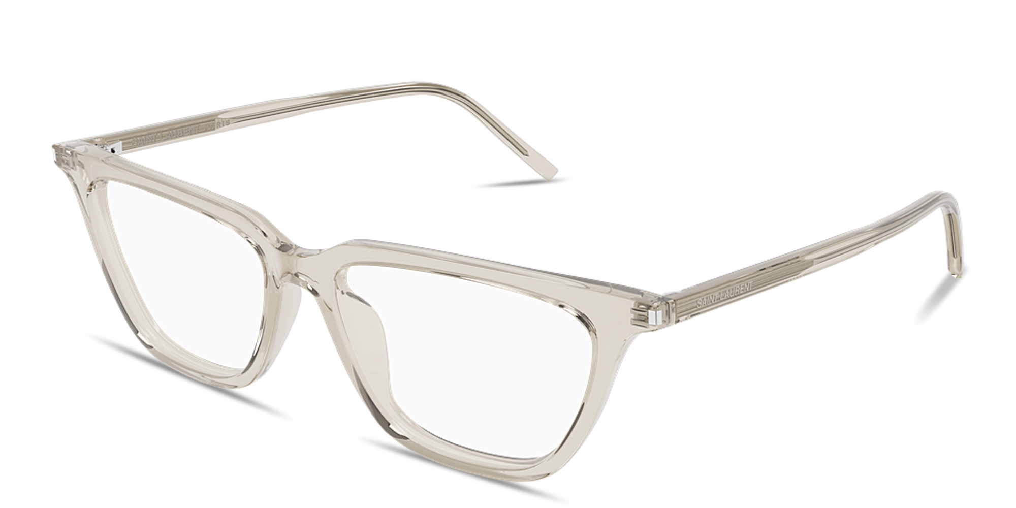 Shop SAINT LAURENT Thin Acetate Cat-Eye Eyeglasses in Transparent Cream online.