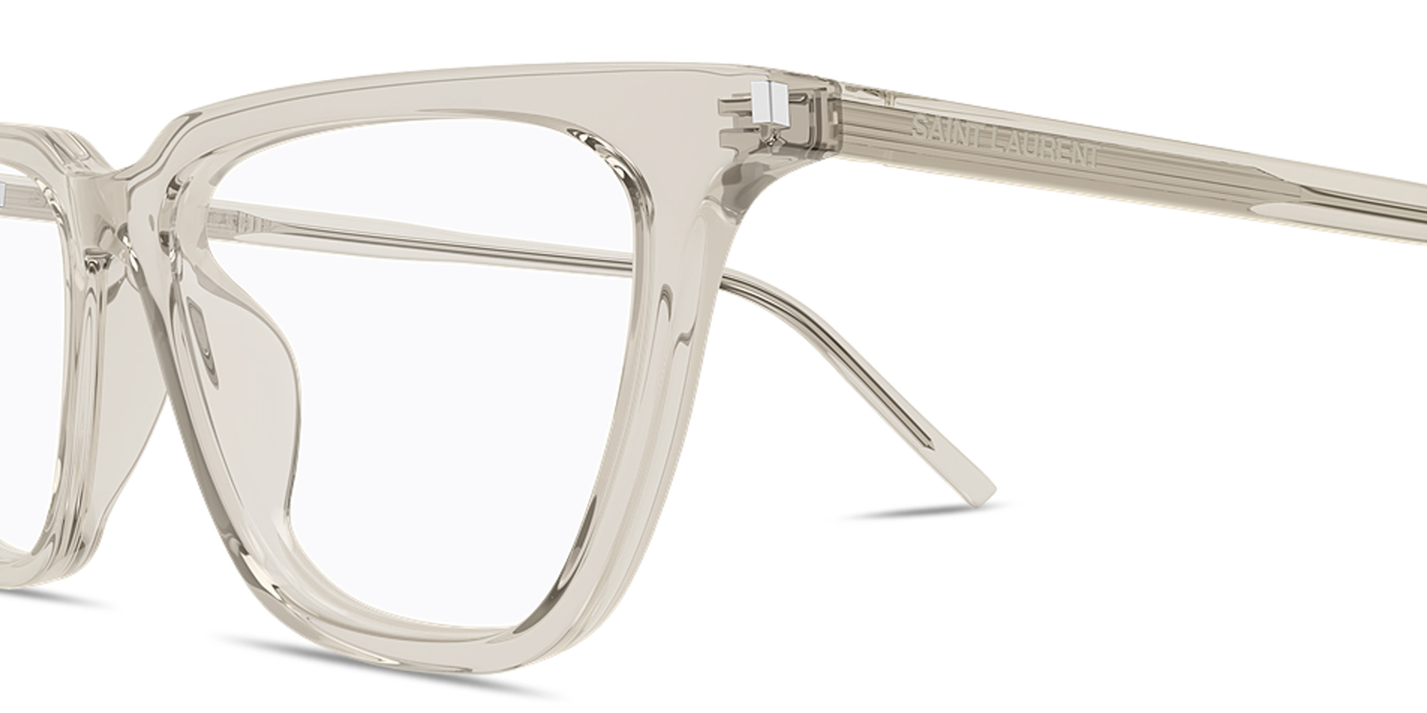 Shop SAINT LAURENT Thin Acetate Cat-Eye Eyeglasses in Transparent Cream online.