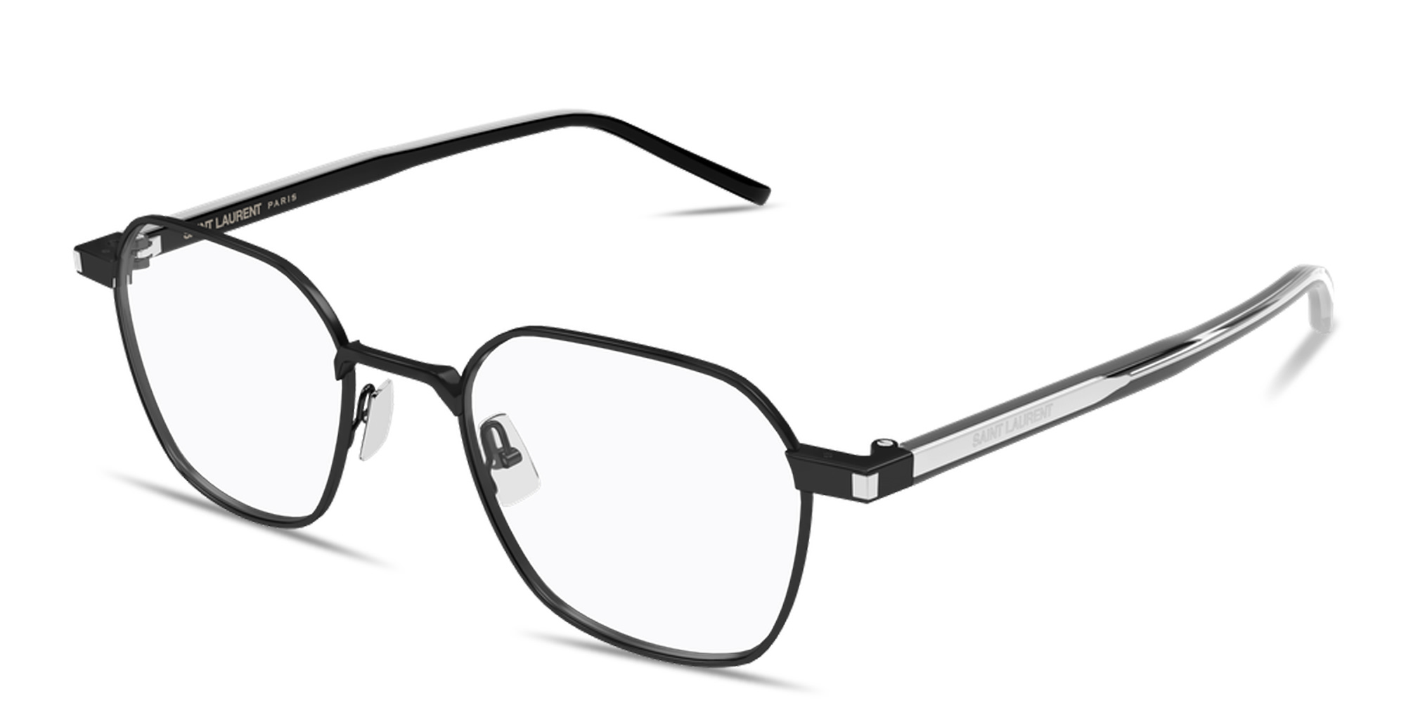 Shop SAINT LAURENT Corner Angle Unisex Panthos Eyeglasses in Black online.