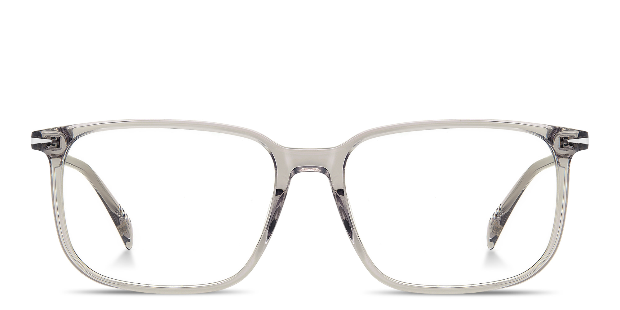 Shop DAVID BECKHAM Talisman Wide Rectangle Eyeglasses in Transparent Grey online.
