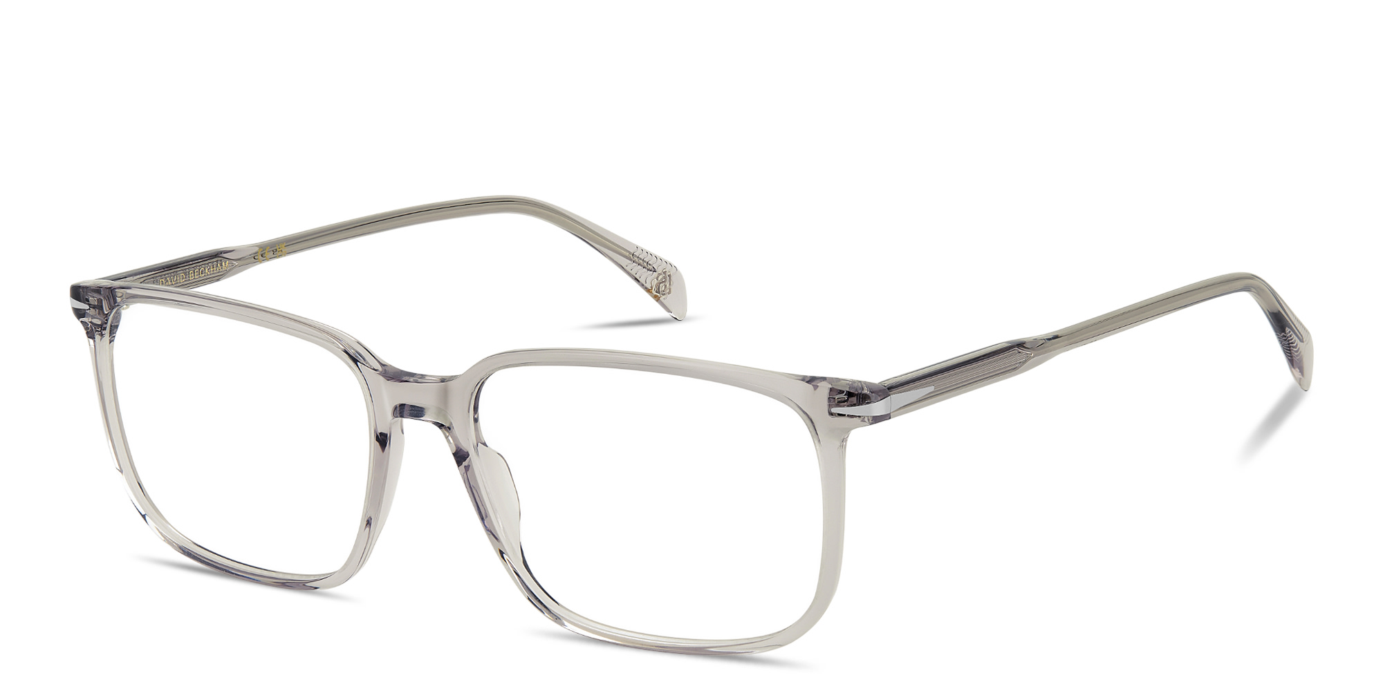Shop DAVID BECKHAM Talisman Wide Rectangle Eyeglasses in Transparent Grey online.