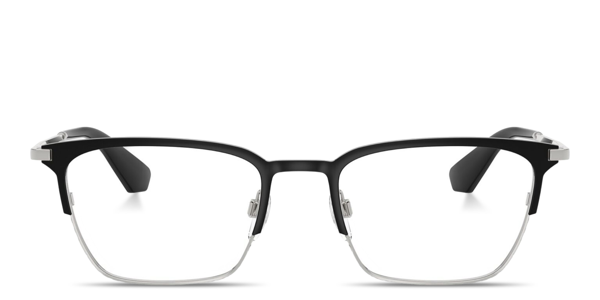 Shop BURBERRY Engraved Logo Rectangle Eyeglasses in Black & Silver online.