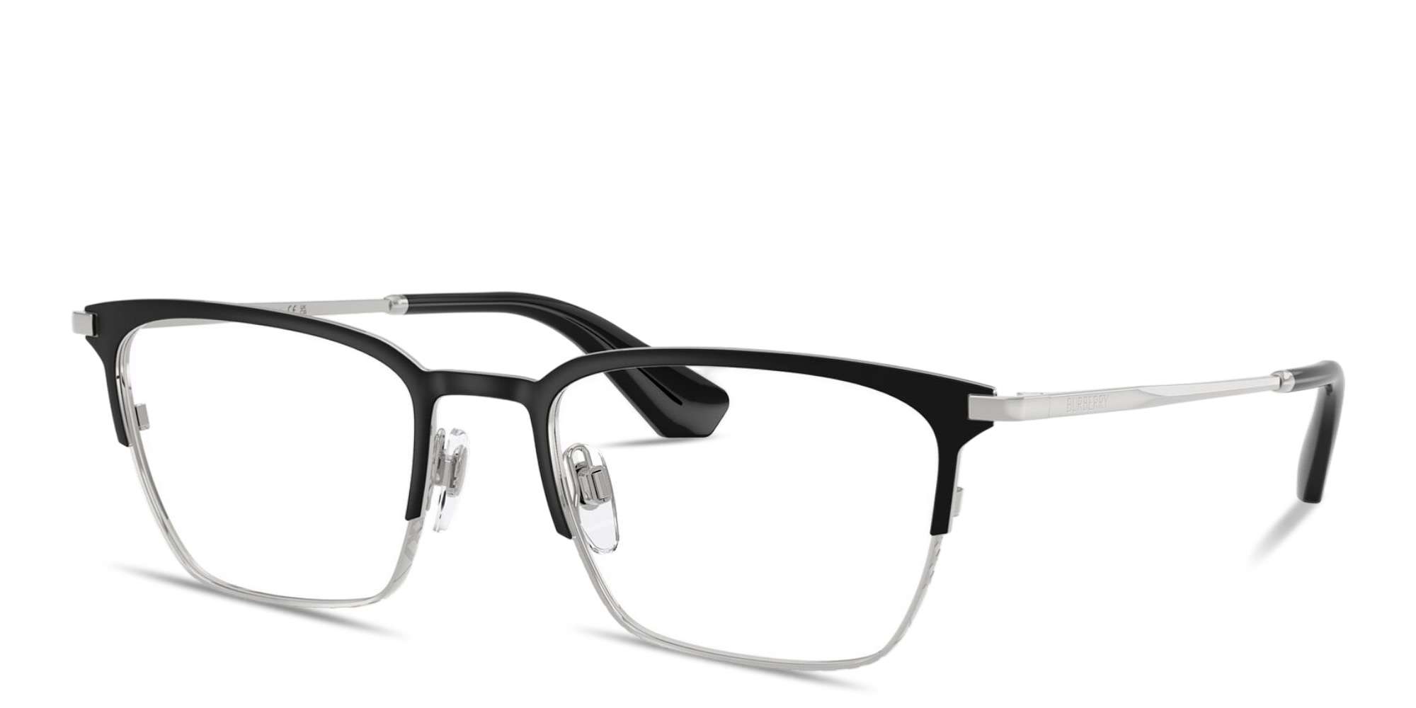 Shop BURBERRY Engraved Logo Rectangle Eyeglasses in Black & Silver online.