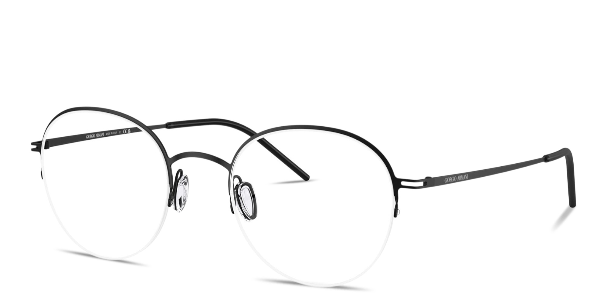 Shop GIORGIO ARMANI Engraved Logo Half-Rim Panthos Eyeglasses in Matte Black online.