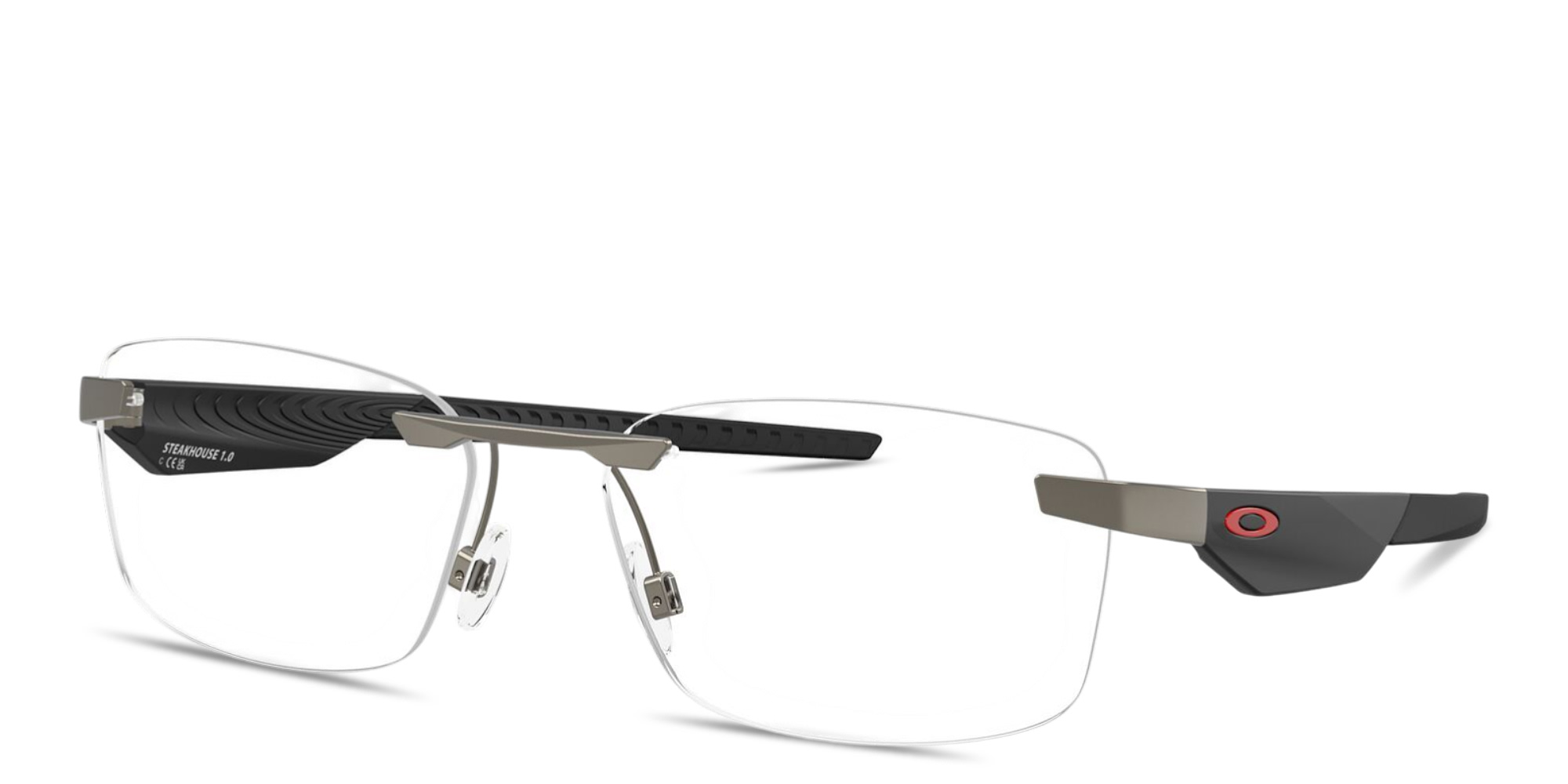 Shop Oakley Steakhouse 1.0 Unisex Wide Rimless Rectangle Eyeglasses in Matte Gunmetal online.